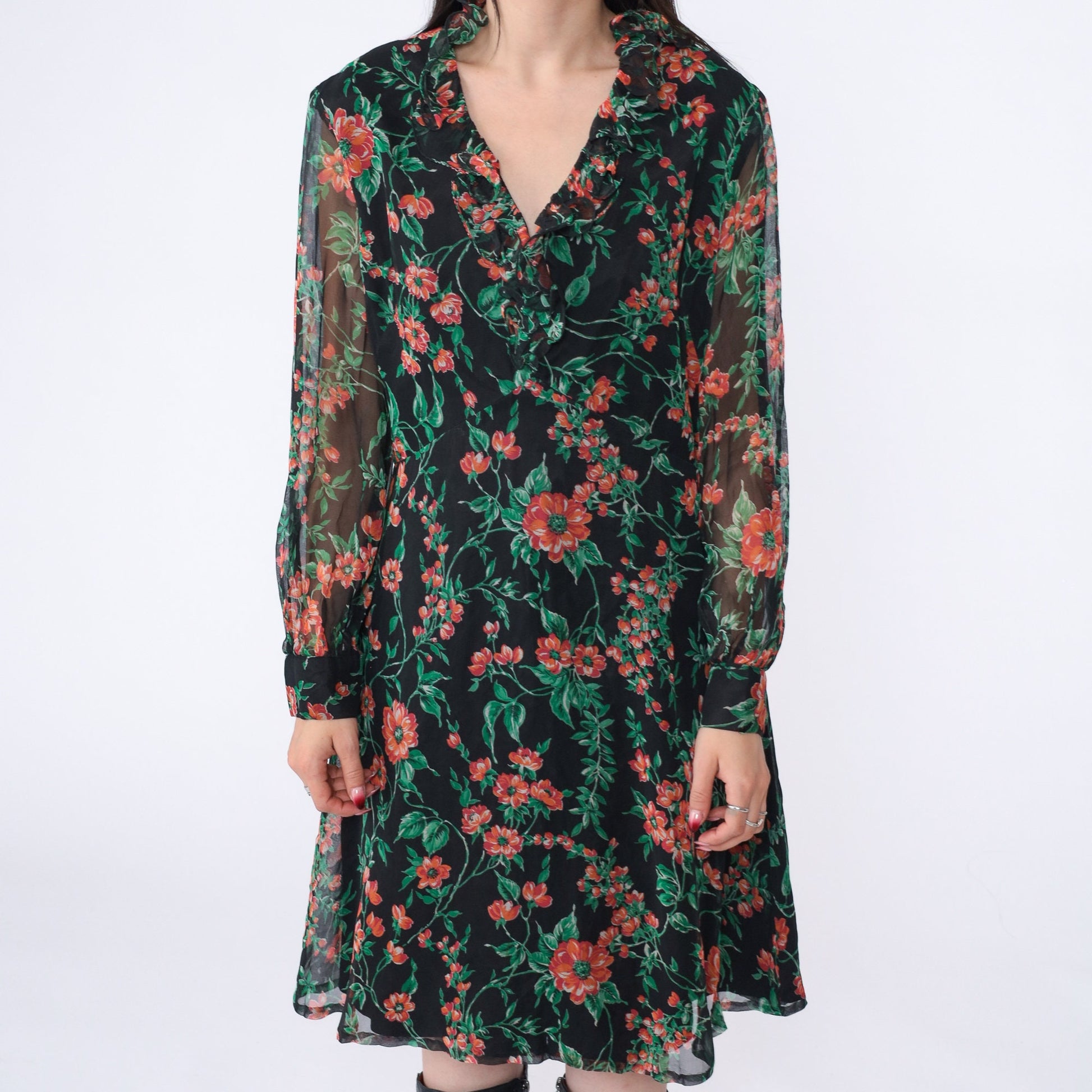 70s Floral Babydoll Mini Dress Empire Waist V-Neck Long Sleeve Black Large