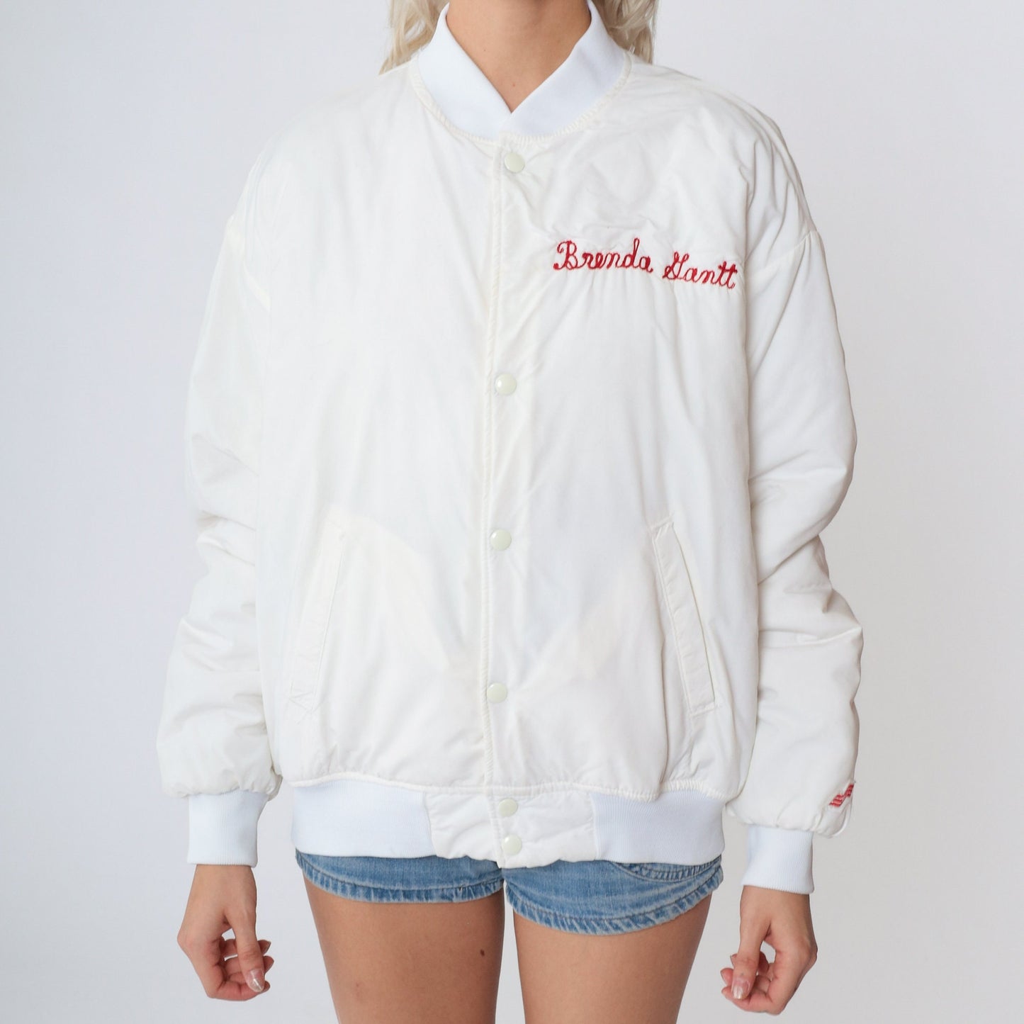 90s ASCA Stock Car Racing Bomber Jacket White Snap Windbreaker Medium