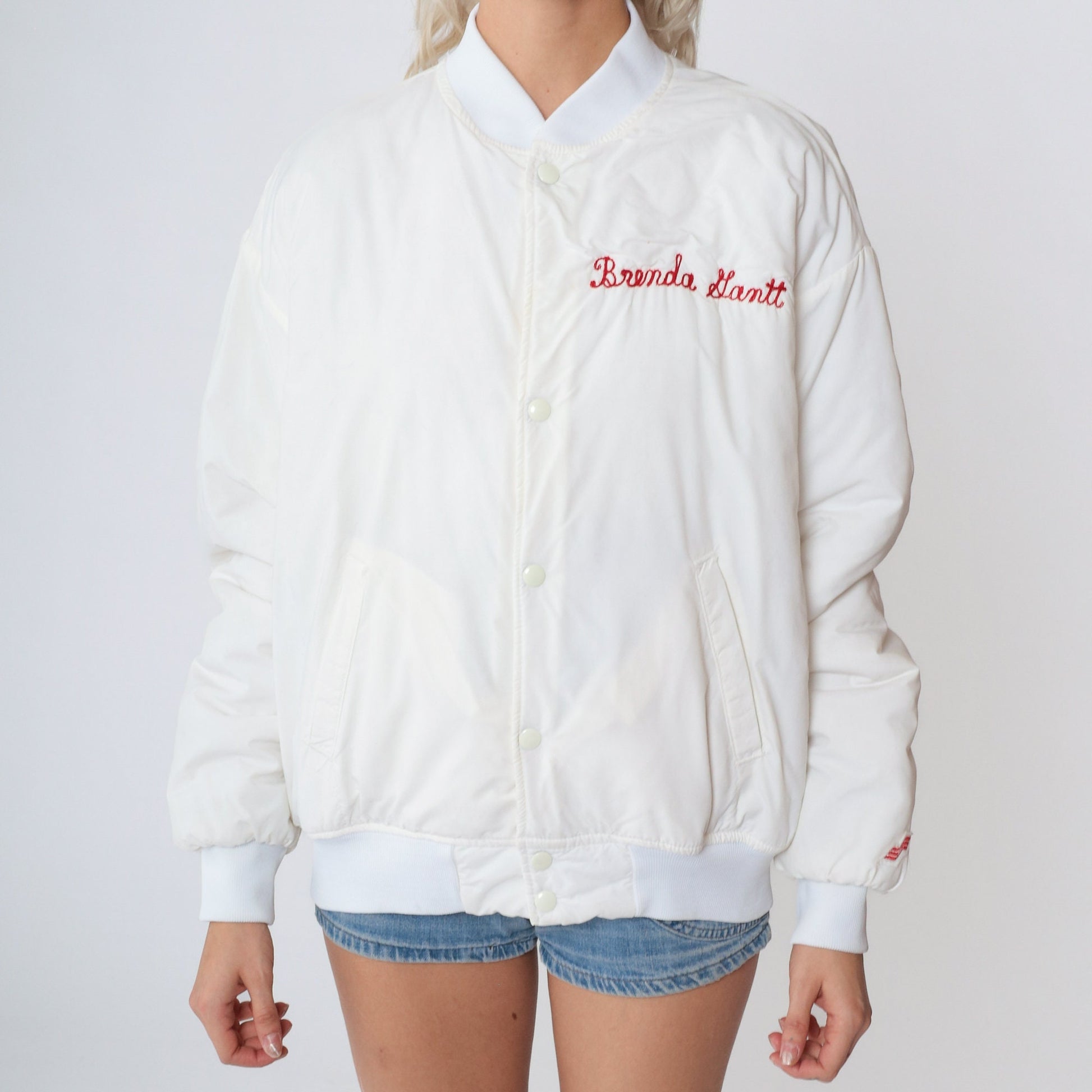 90s ASCA Stock Car Racing Bomber Jacket White Snap Windbreaker Medium