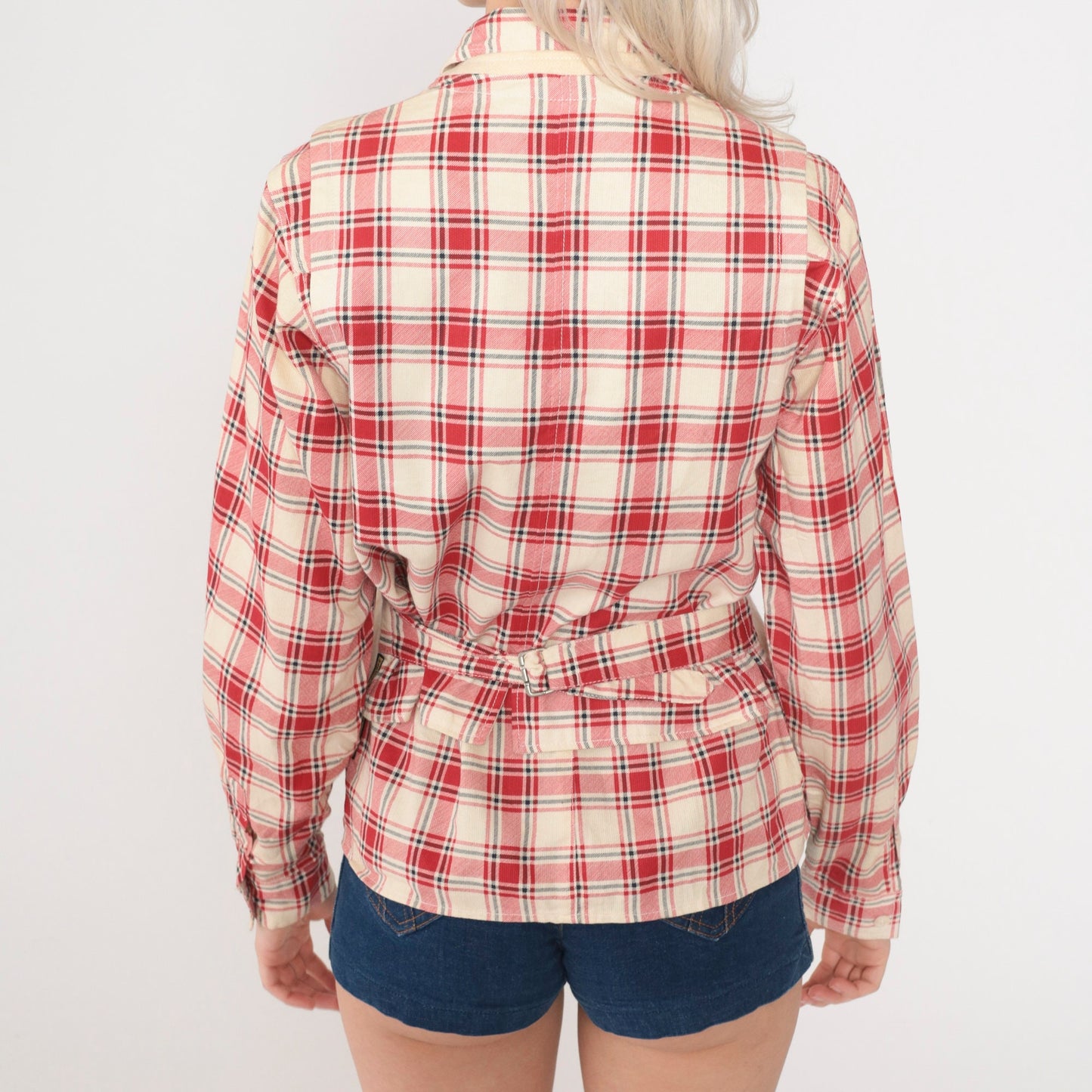 80s Armani Jeans Red Plaid Shirt & Cream Wool Vest Set Small