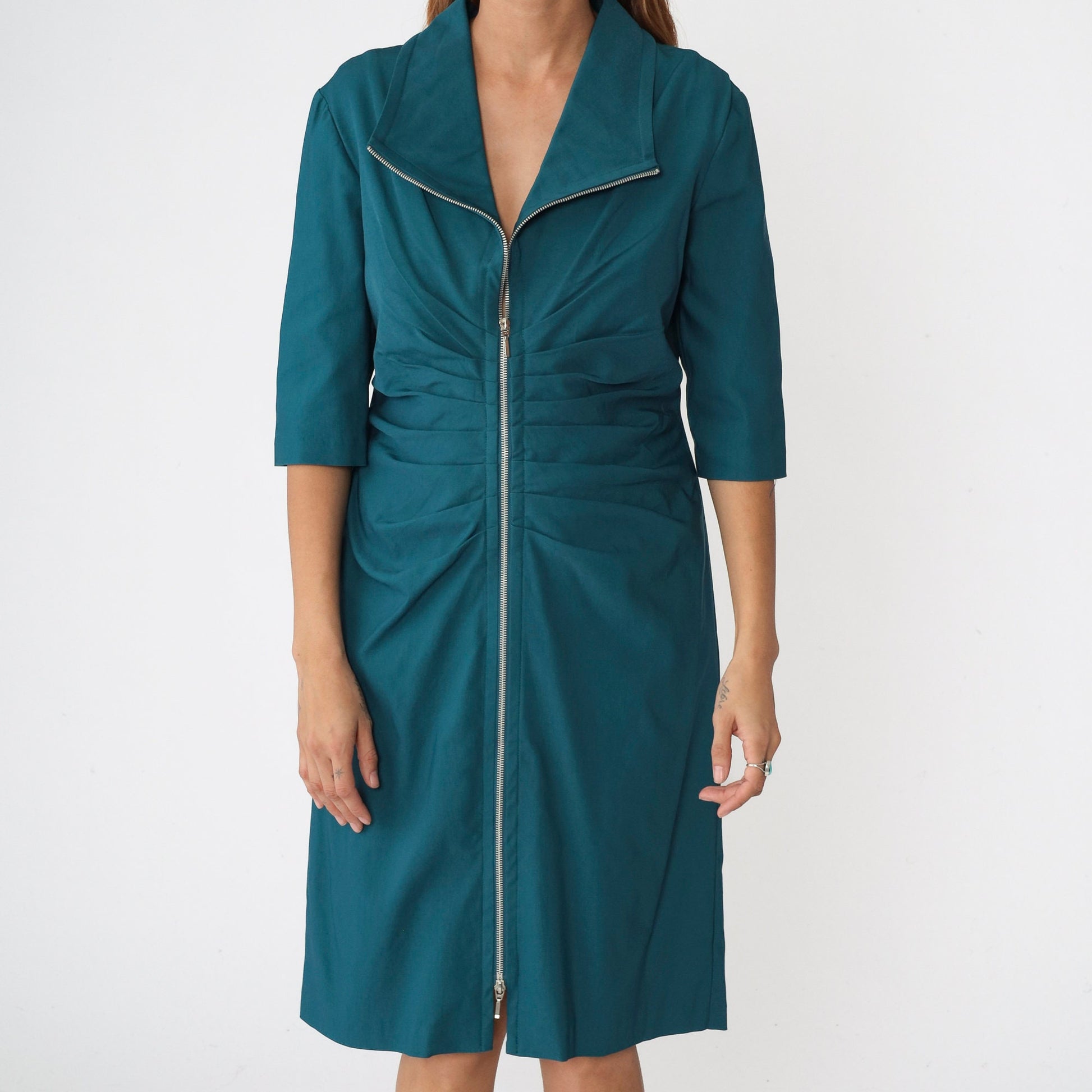 00s Joseph Ribkoff Teal Sheath Dress Front Zip Pleated 3/4 Sleeve Knee Length Large 14