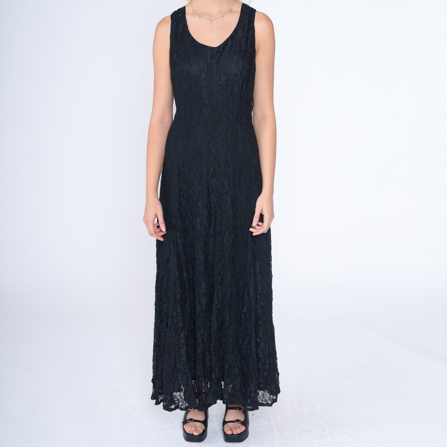 90s Black Lace Maxi Dress Sleeveless Criss Cross Large L
