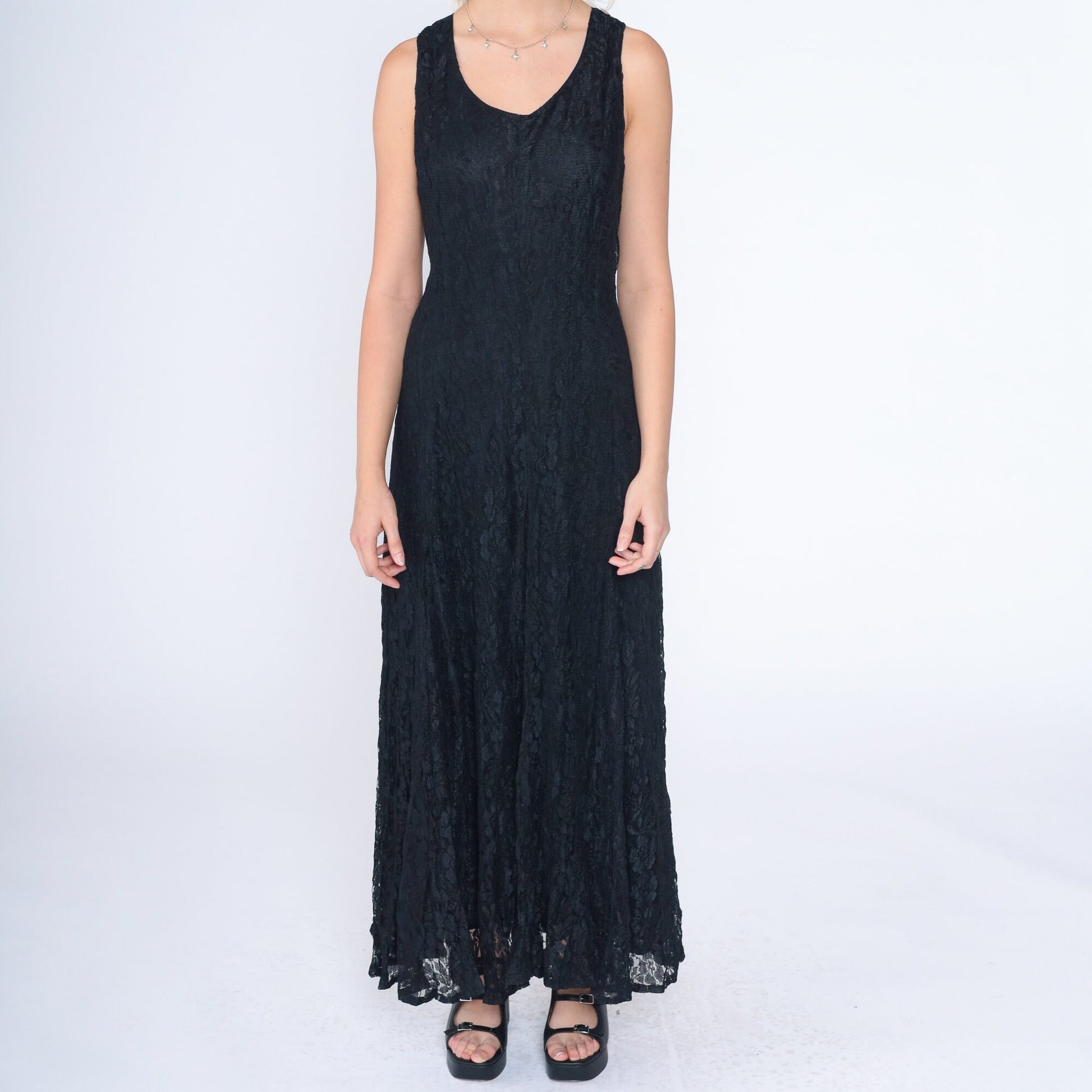 90s Black Lace Maxi Dress Sleeveless Criss Cross Large L