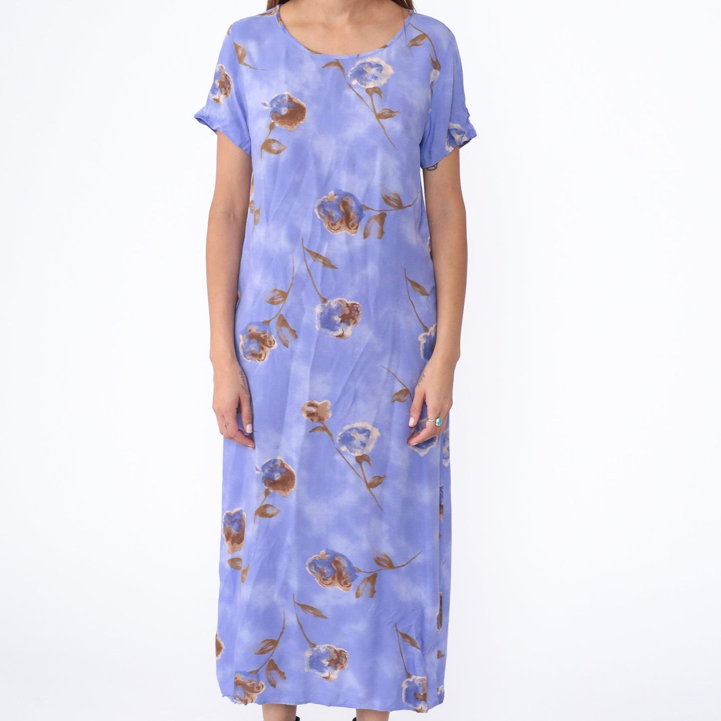 90s Floral Midi Shift Dress Purple Rayon Short Sleeve Scoop Neck Small