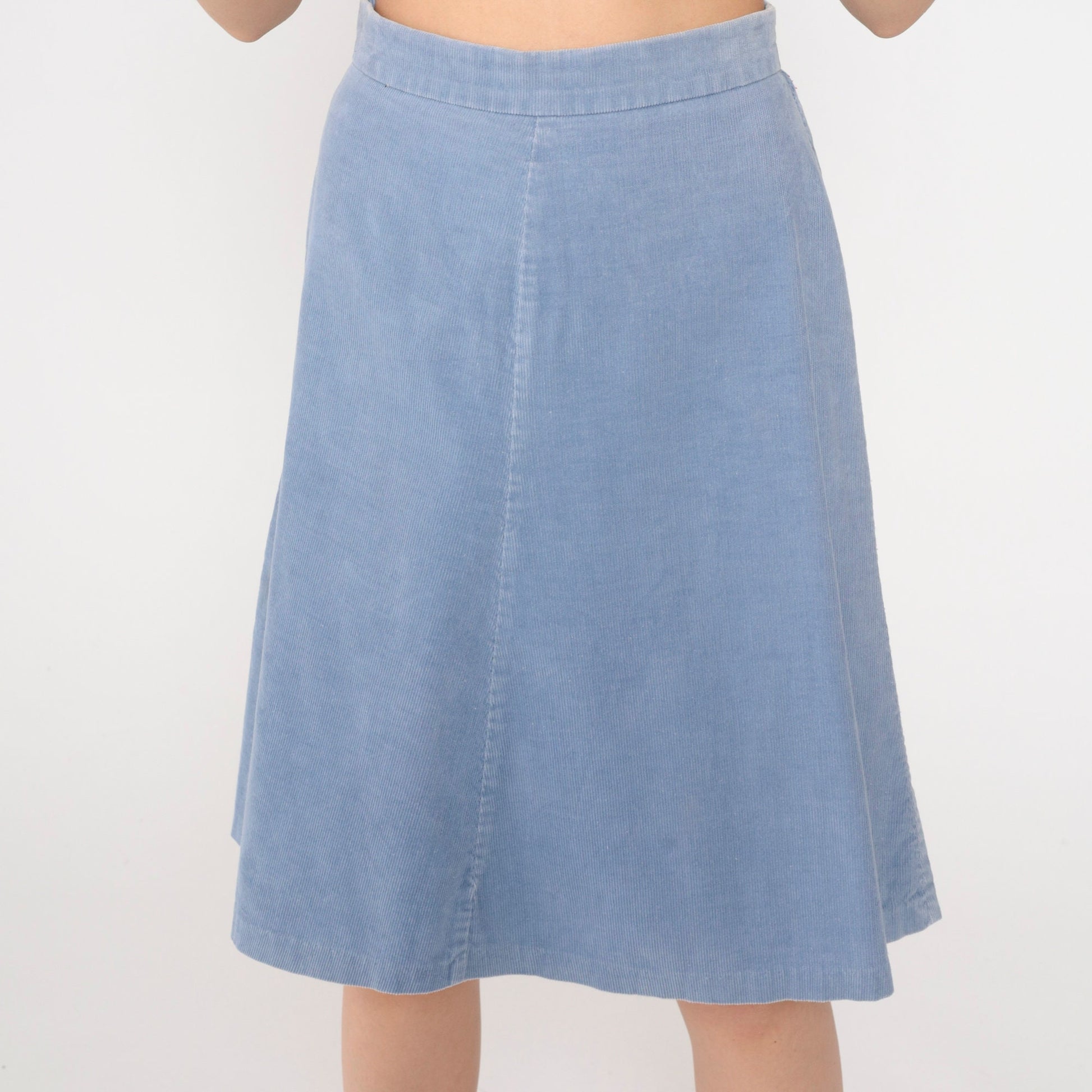 80s Blue Corduroy Midi Skirt High Waist A-Line Small
