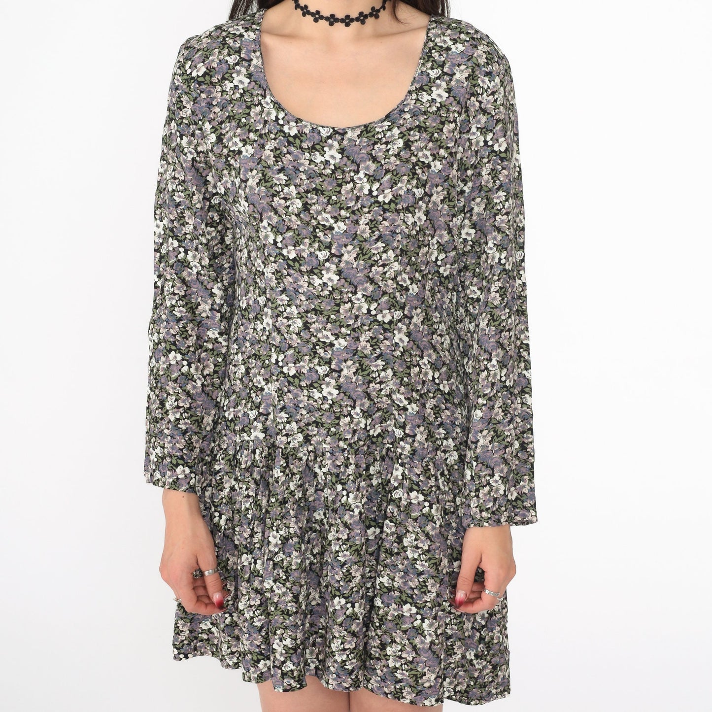 90s Floral Mini Dress Lace-Up V Back Drop Waist Long Sleeve Medium