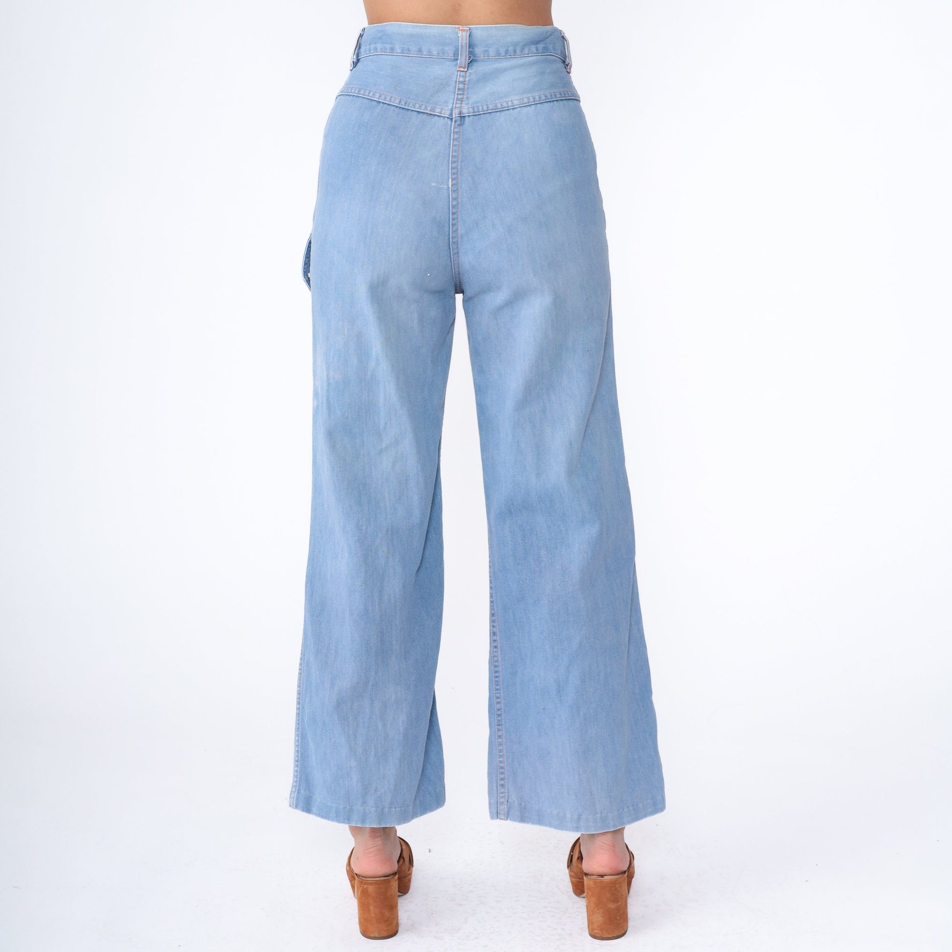 70s Blue Denim Bell Bottom Jeans High Waist Wide Leg Flare Medium 8