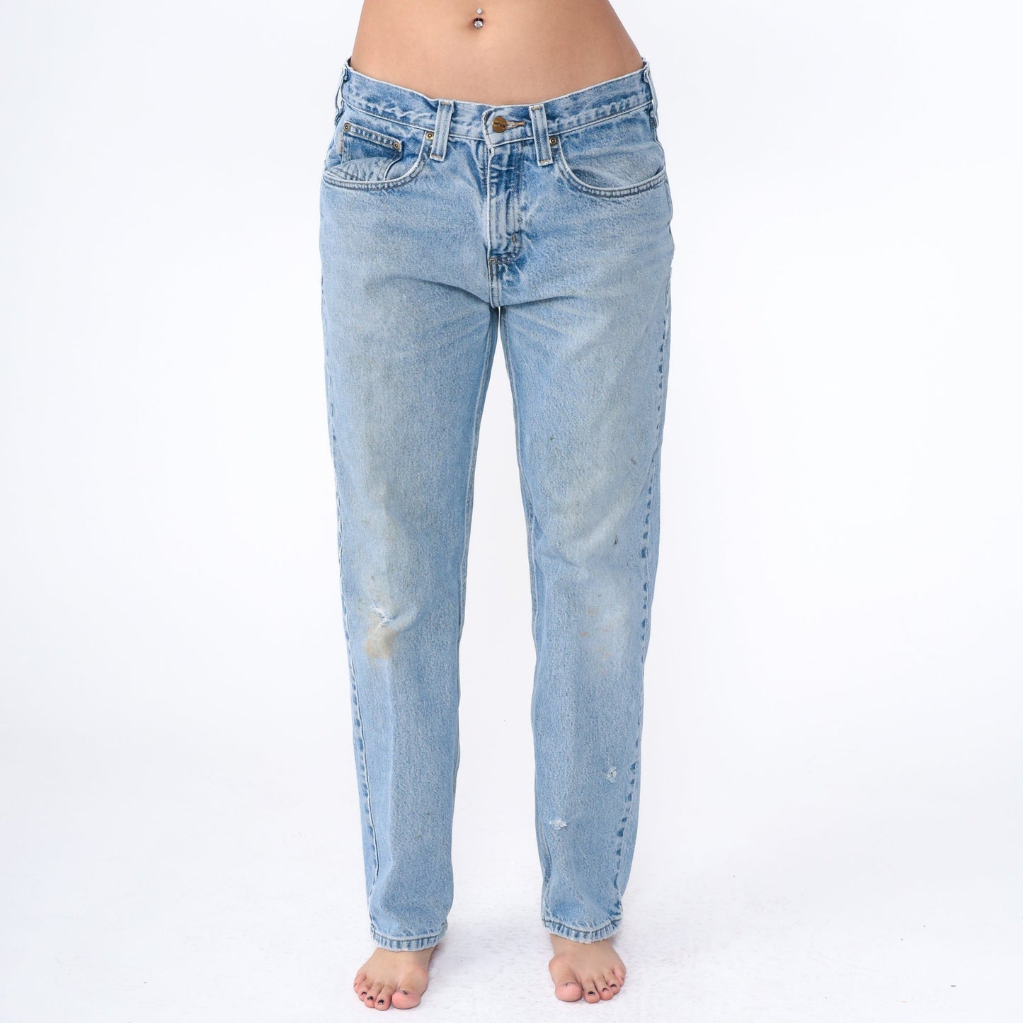 90s Carhartt Denim Jeans Tapered Straight Leg Blue Distressed 34