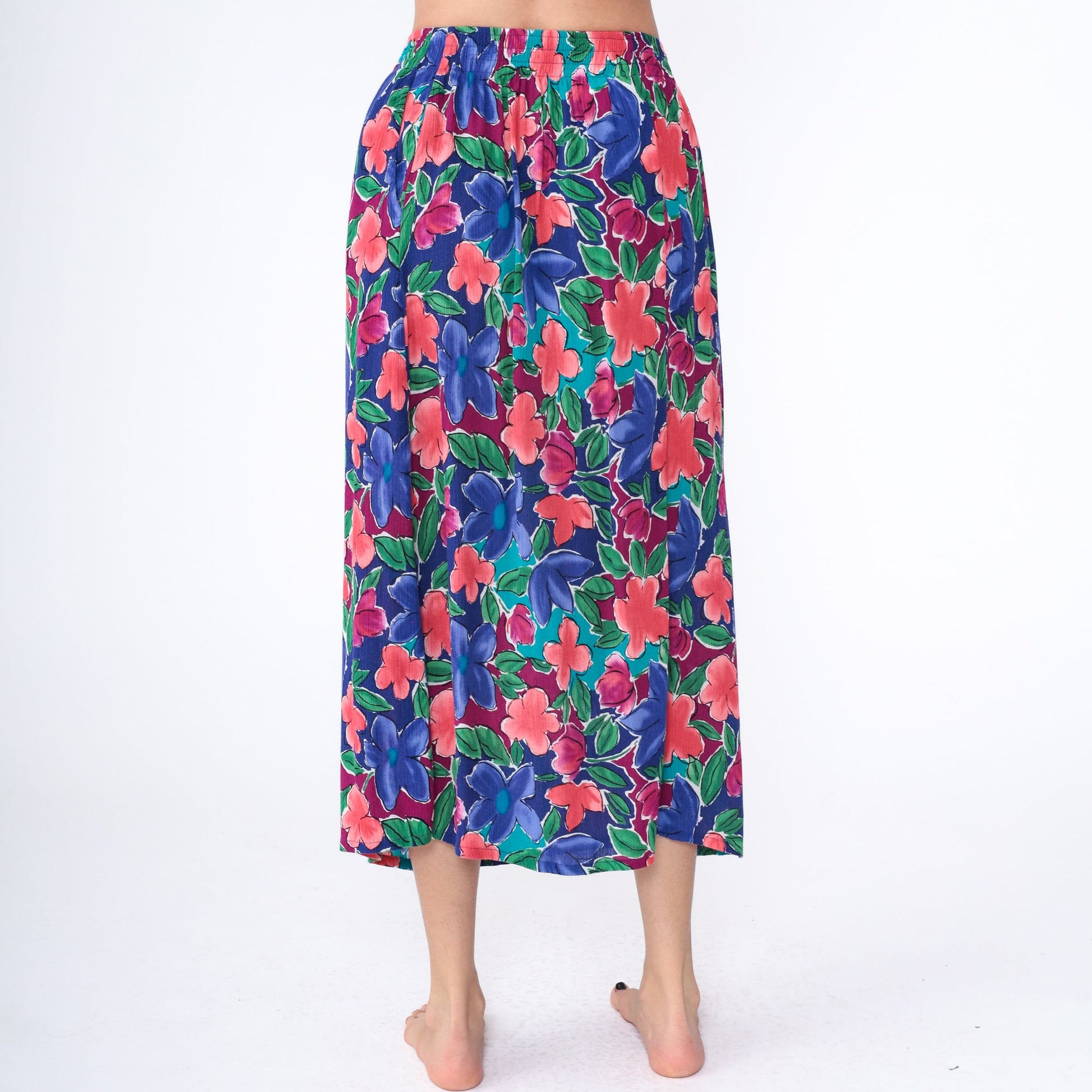 80s The Villager Floral Maxi Skirt Rayon High Waist Ankle Length Blue Medium