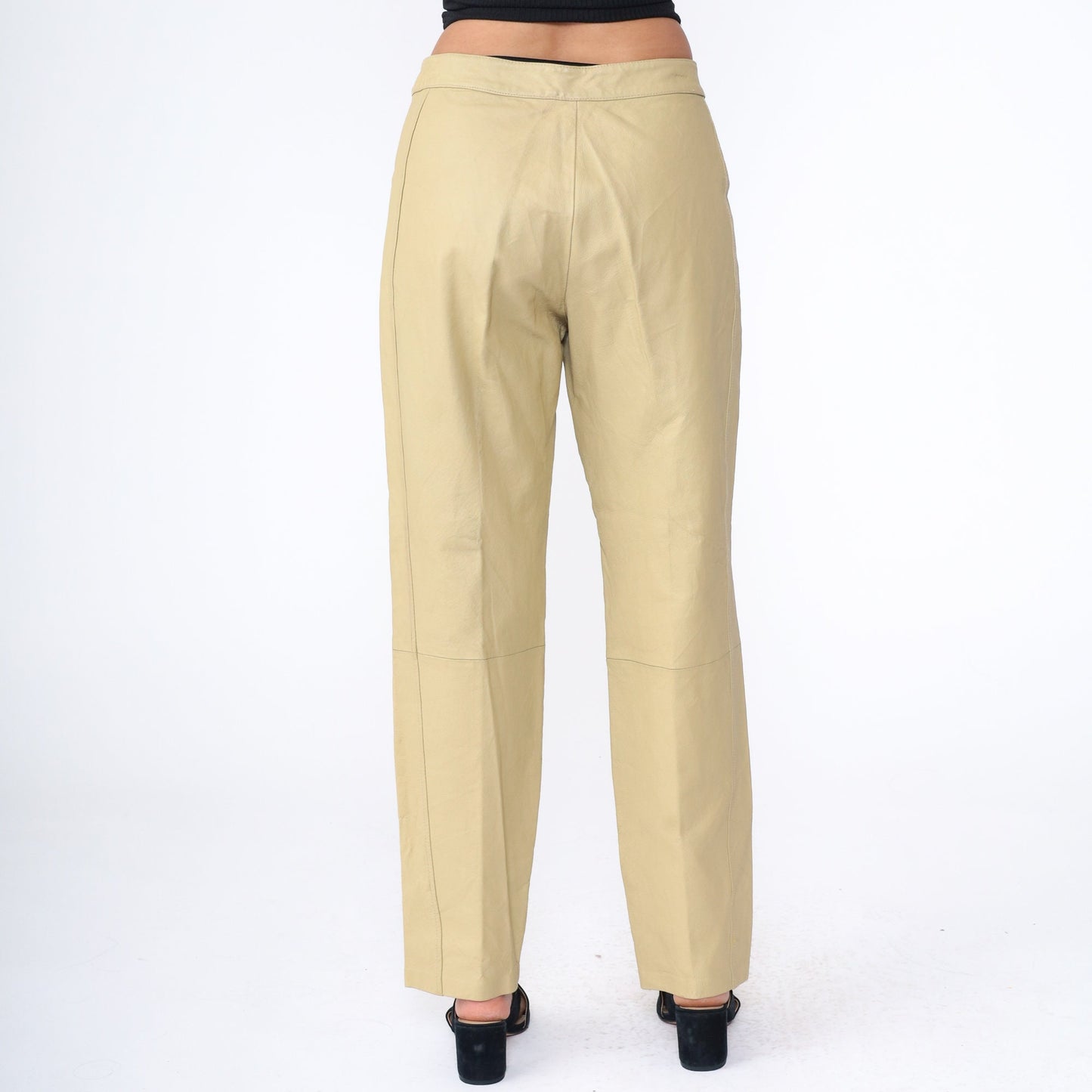80s Bagatelle Leather Pants High Waist Straight Leg Beige Large