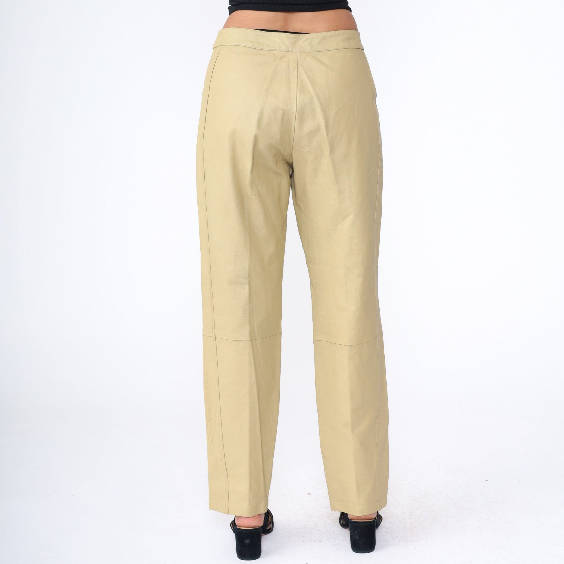 80s Bagatelle Leather Pants High Waist Straight Leg Beige Large