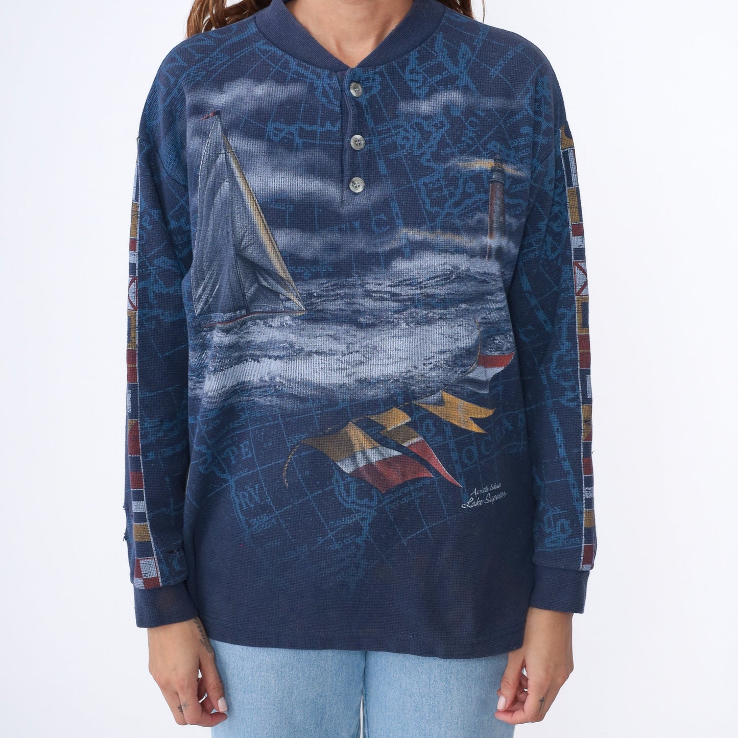90s Apostle Islands Lake Superior Sailboat Lighthouse Henley Long Sleeve Navy Large