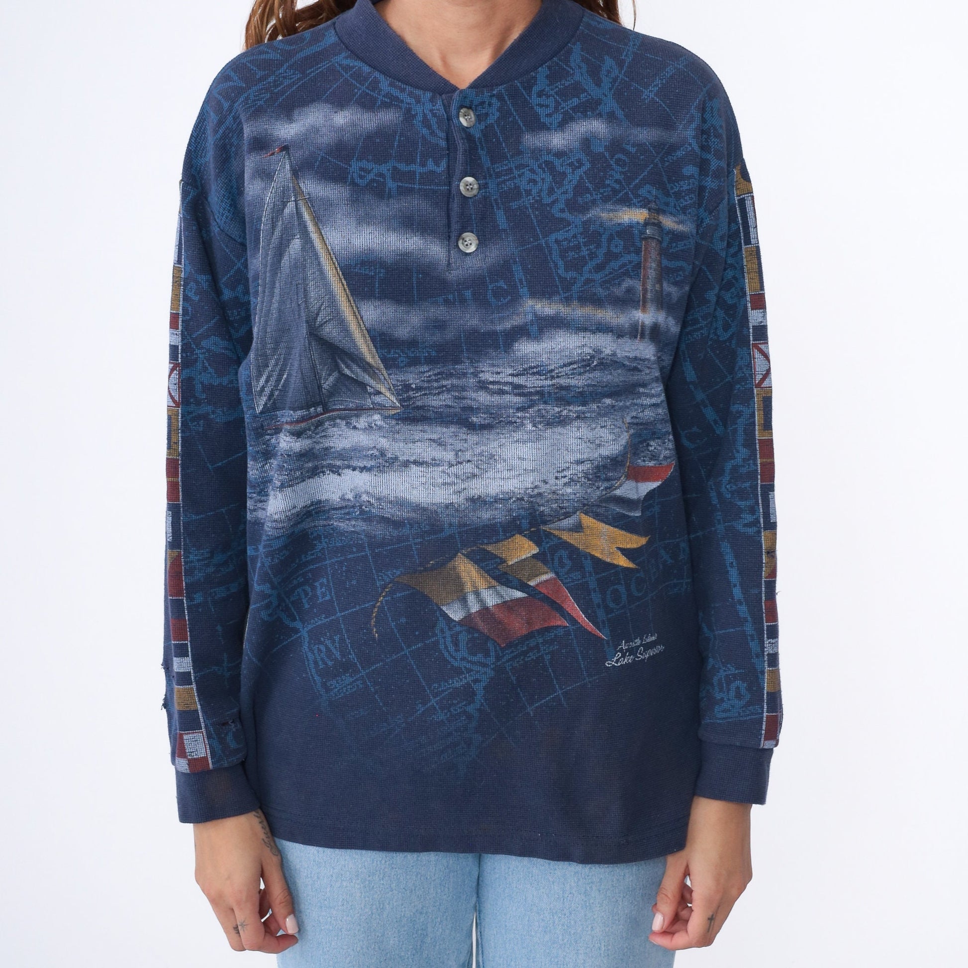 90s Apostle Islands Lake Superior Sailboat Lighthouse Henley Long Sleeve Navy Large