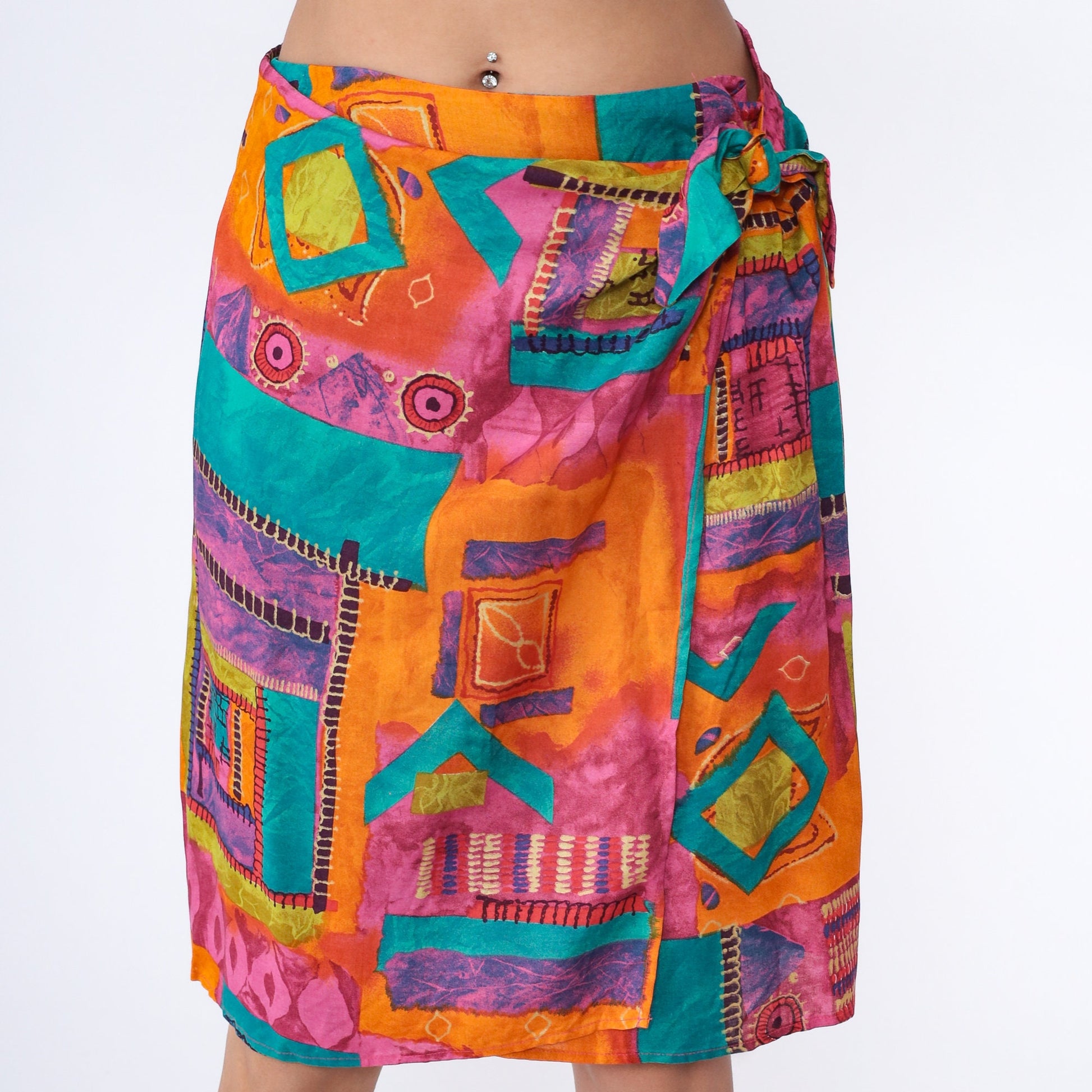 90s Geometric Wrap Skirt Midi Rayon Colorful Print Large 14