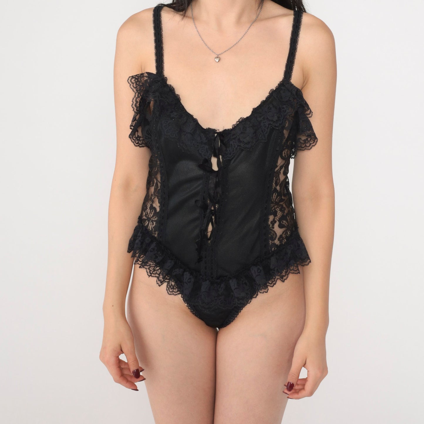 70s Black Lace Bodysuit Sheer Floral Teddy Lingerie Small