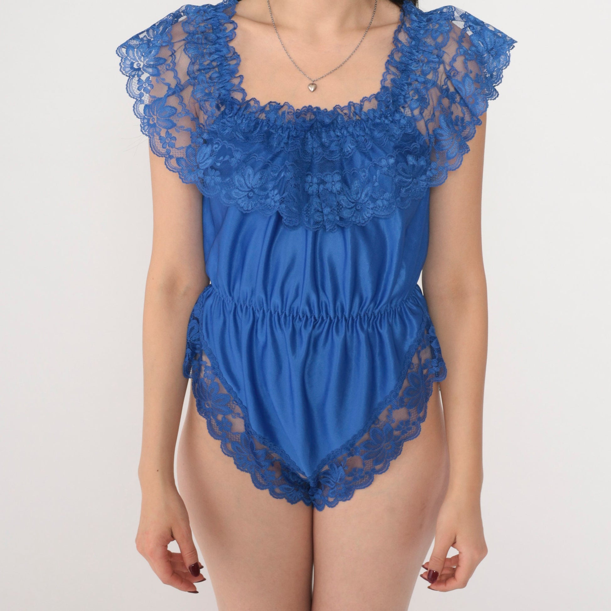 90s Blue Lace Teddy Bodysuit Ribbon Bow Nylon Lingerie Medium M