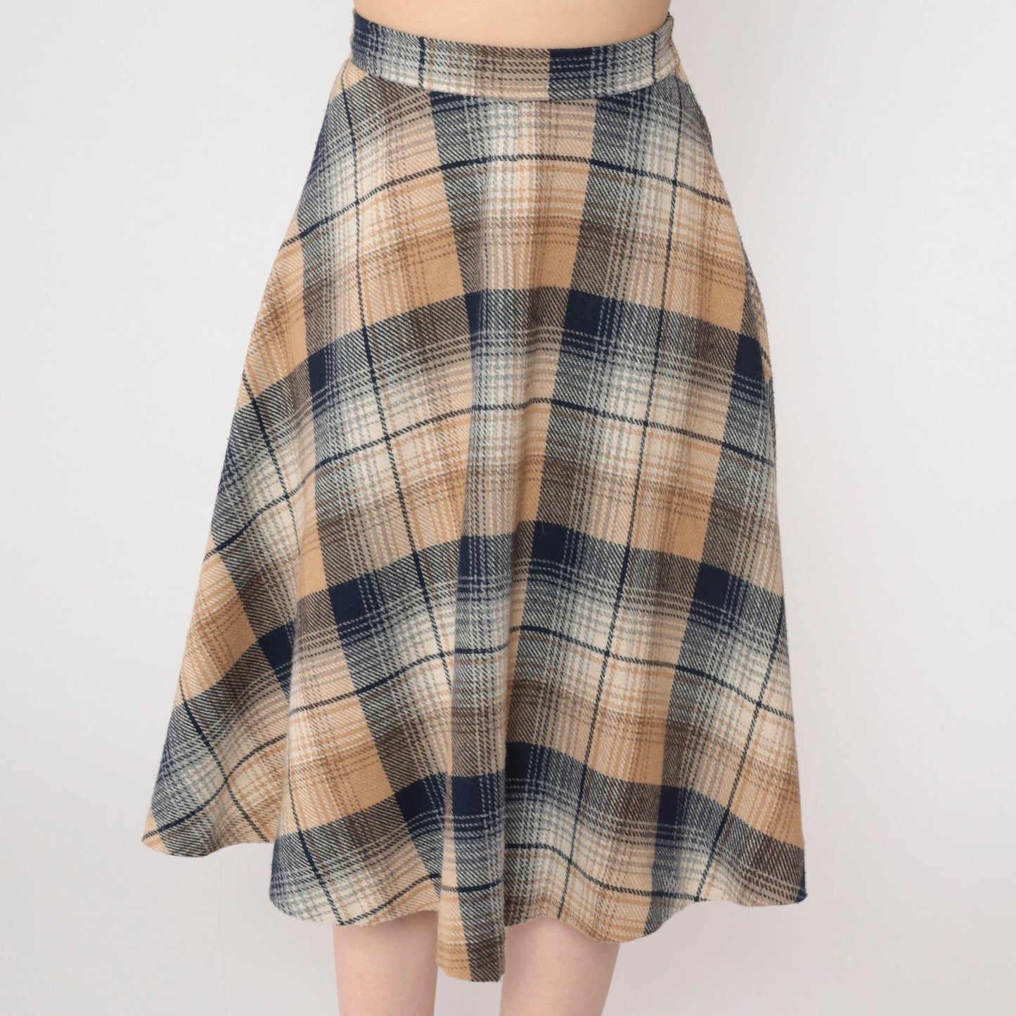 70s Plaid Midi Skirt High Waisted A-Line Tartan Navy Tan Extra Small