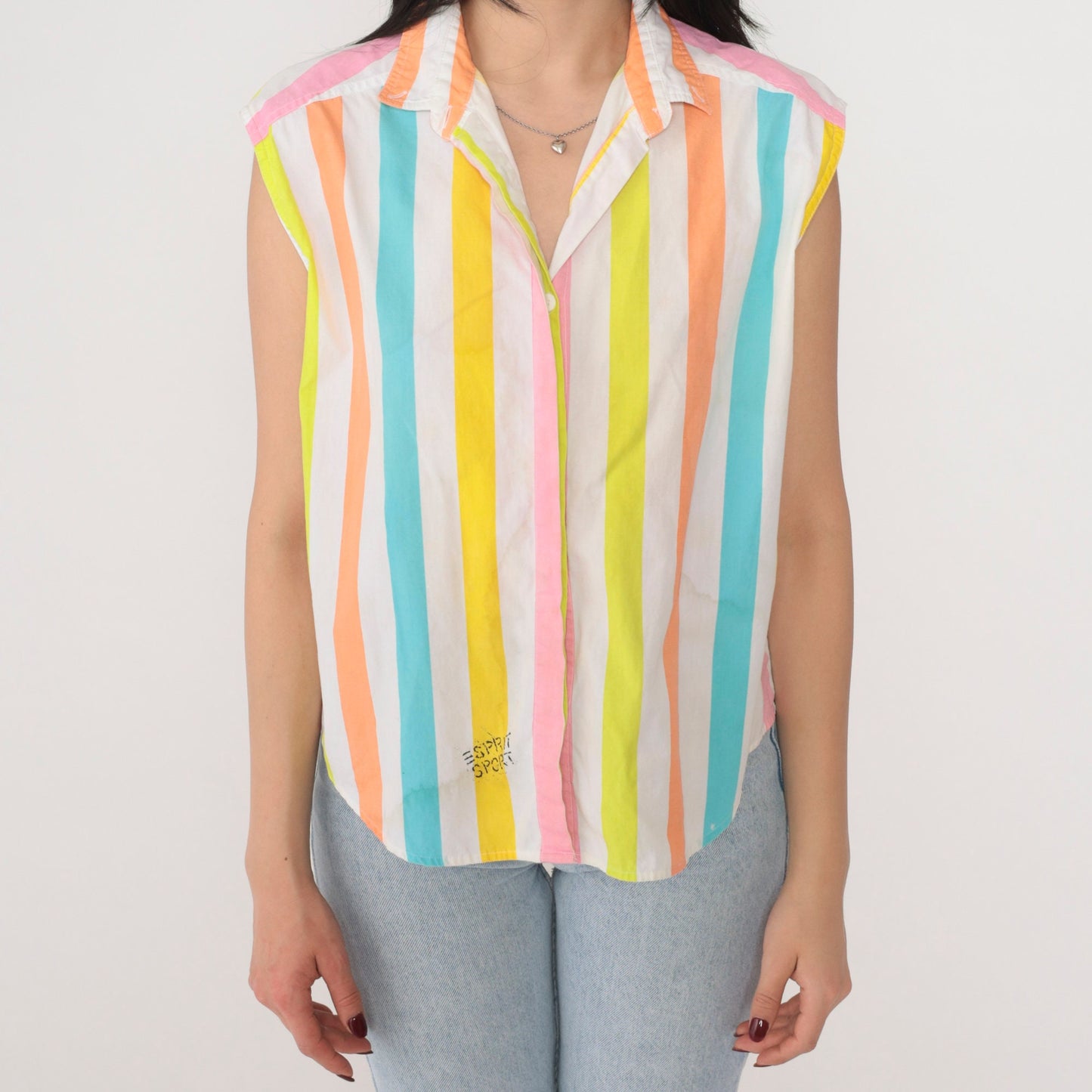 90s Esprit Sport Striped Tank Top Collared Sleeveless Blouse Small S