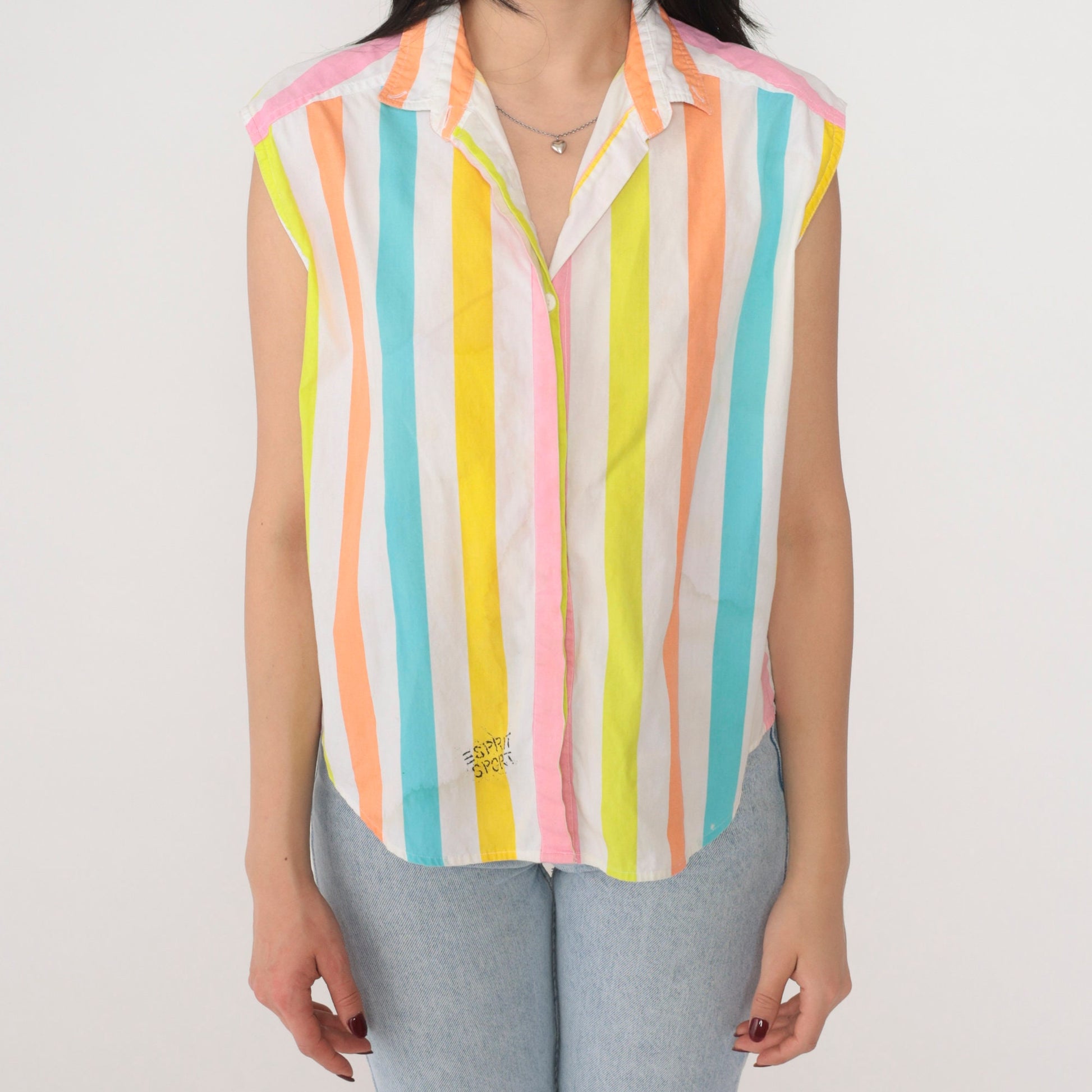 90s Esprit Sport Striped Tank Top Collared Sleeveless Blouse Small S