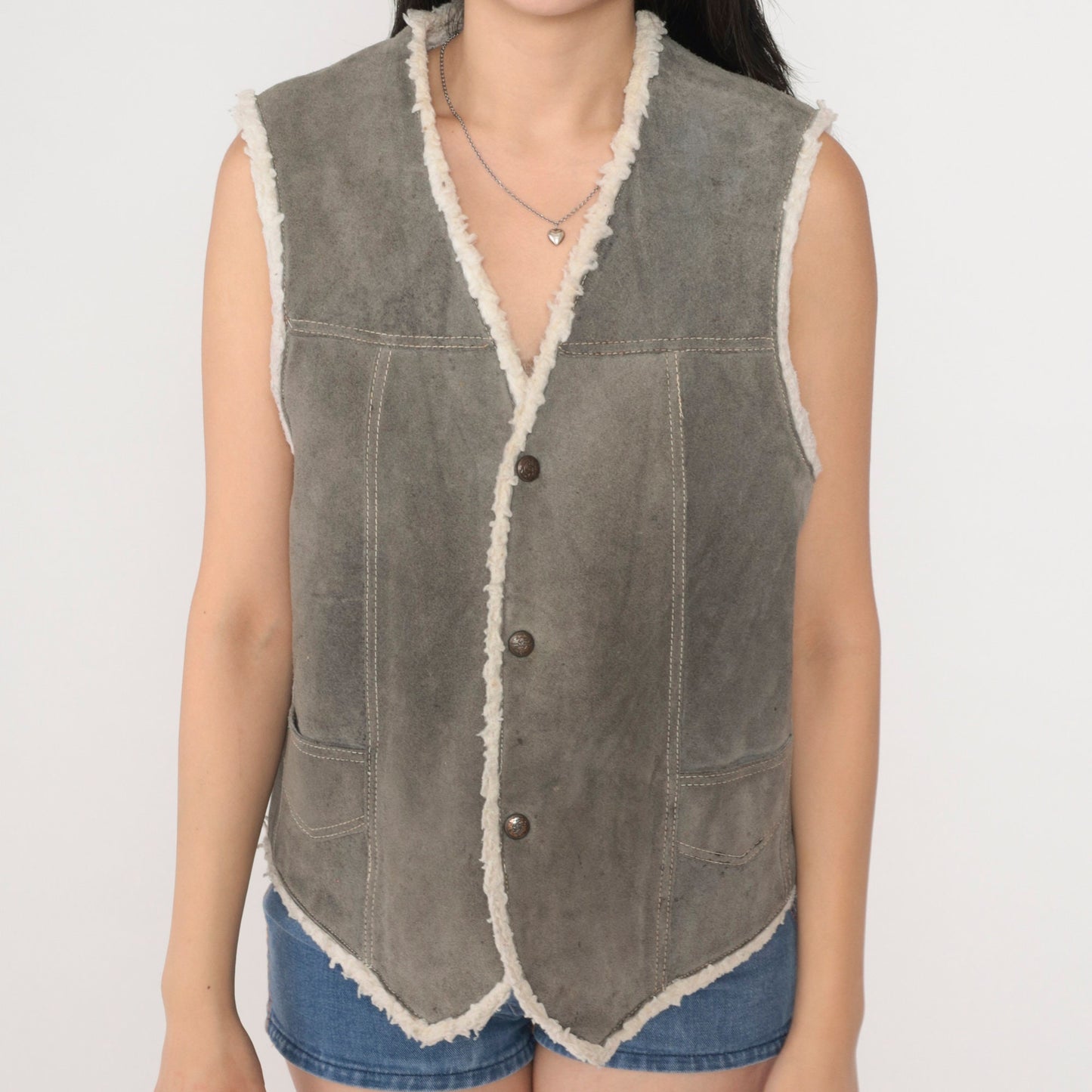 80s Grey Suede Vest Faux Shearling Lined Snap Front Sleeveless Medium