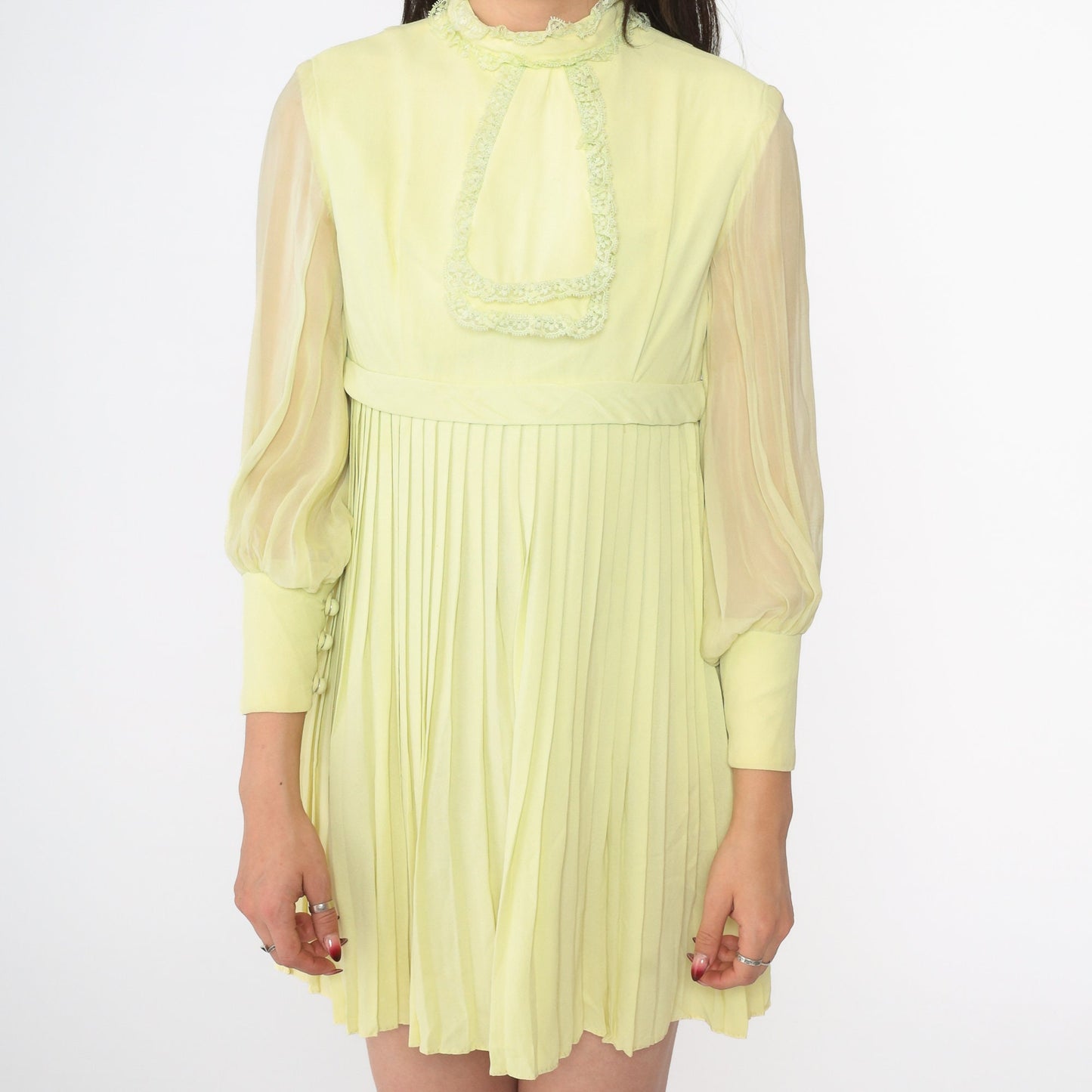 60s Lime Green Mini Dress Empire Waist Pleated Chiffon Sleeve Extra Small