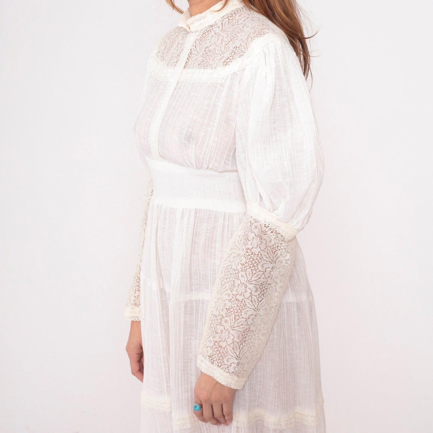 70s Maxi Dress Gauze Lace High Neck Tie Waist Long Sleeve Off-White Medium