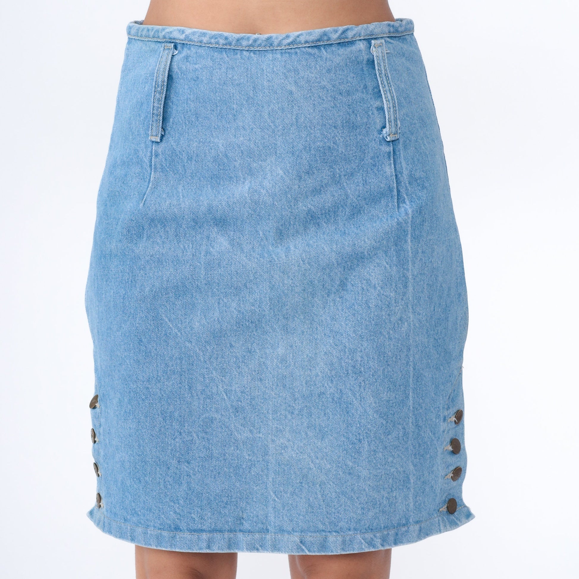 90s Blue Denim Mini Skirt High Waist Pencil Cut Side Button Medium