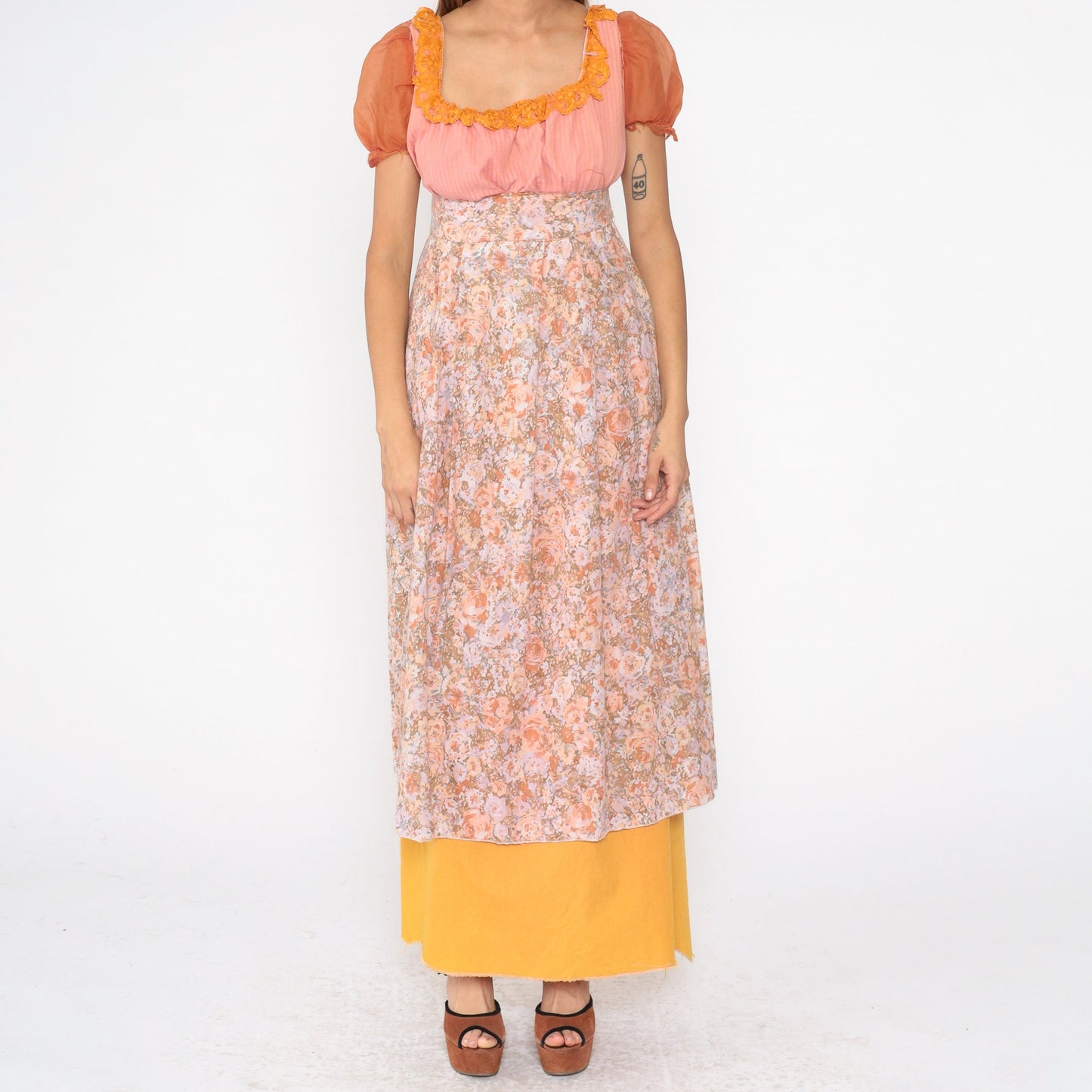 1970s Floral Maxi Dress Puff Sleeve Empire Waist Pink Orange Striped Small