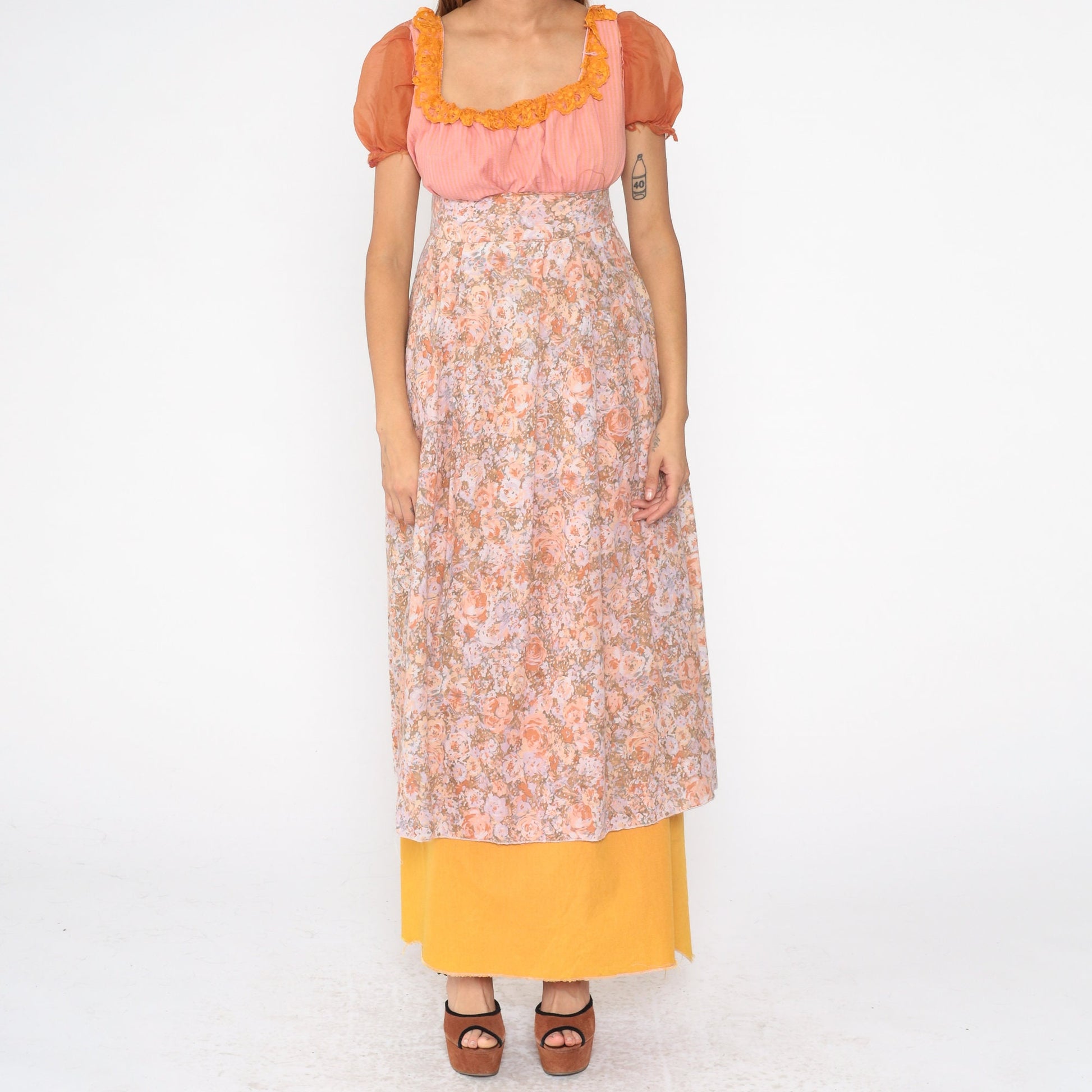 1970s Floral Maxi Dress Puff Sleeve Empire Waist Pink Orange Striped Small