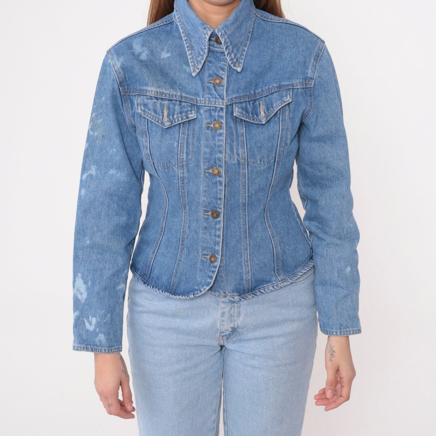 90s Baccini Bleach Splatter Denim Jacket Fitted Blue Stone Wash Small