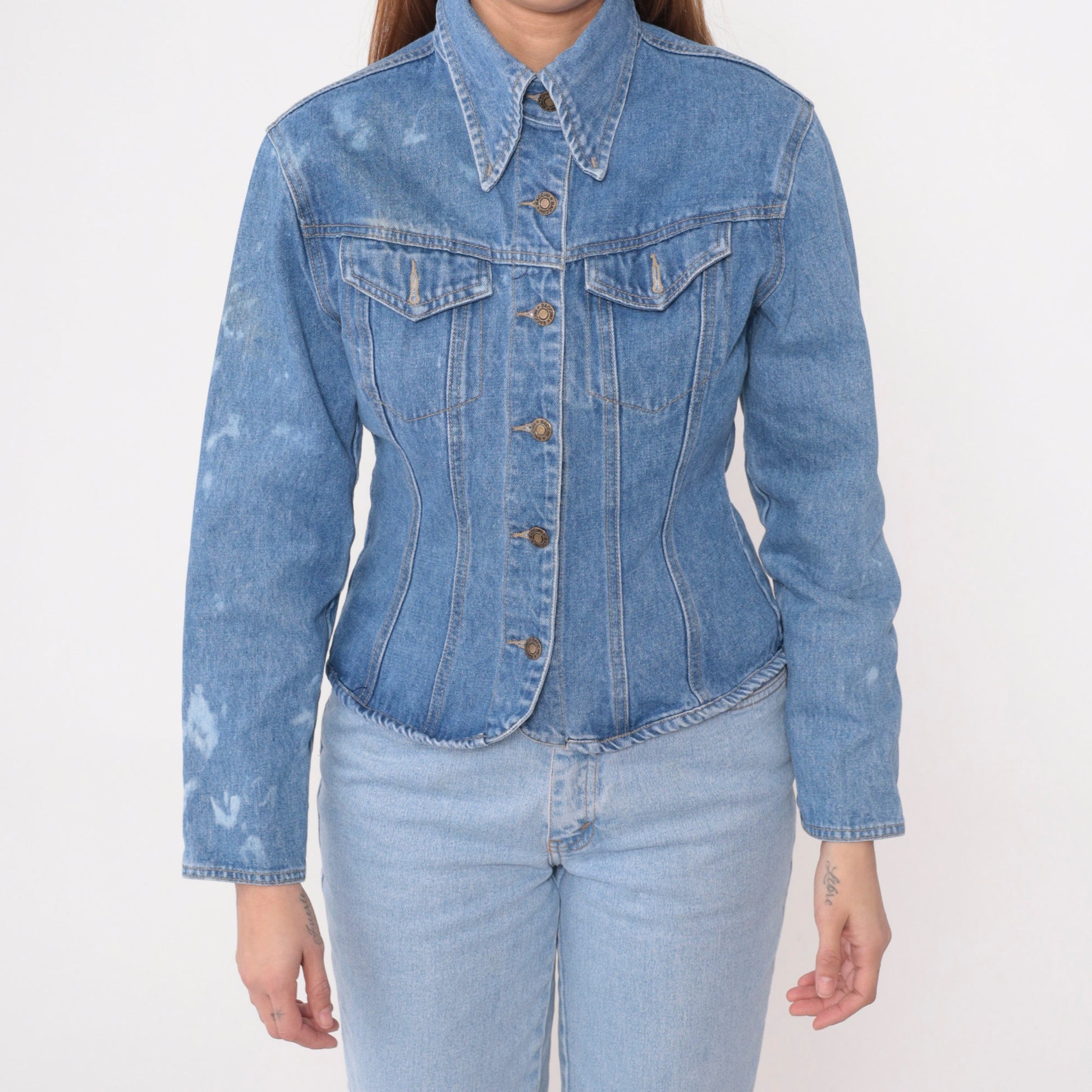 90s Baccini Bleach Splatter Denim Jacket Fitted Blue Stone Wash Small