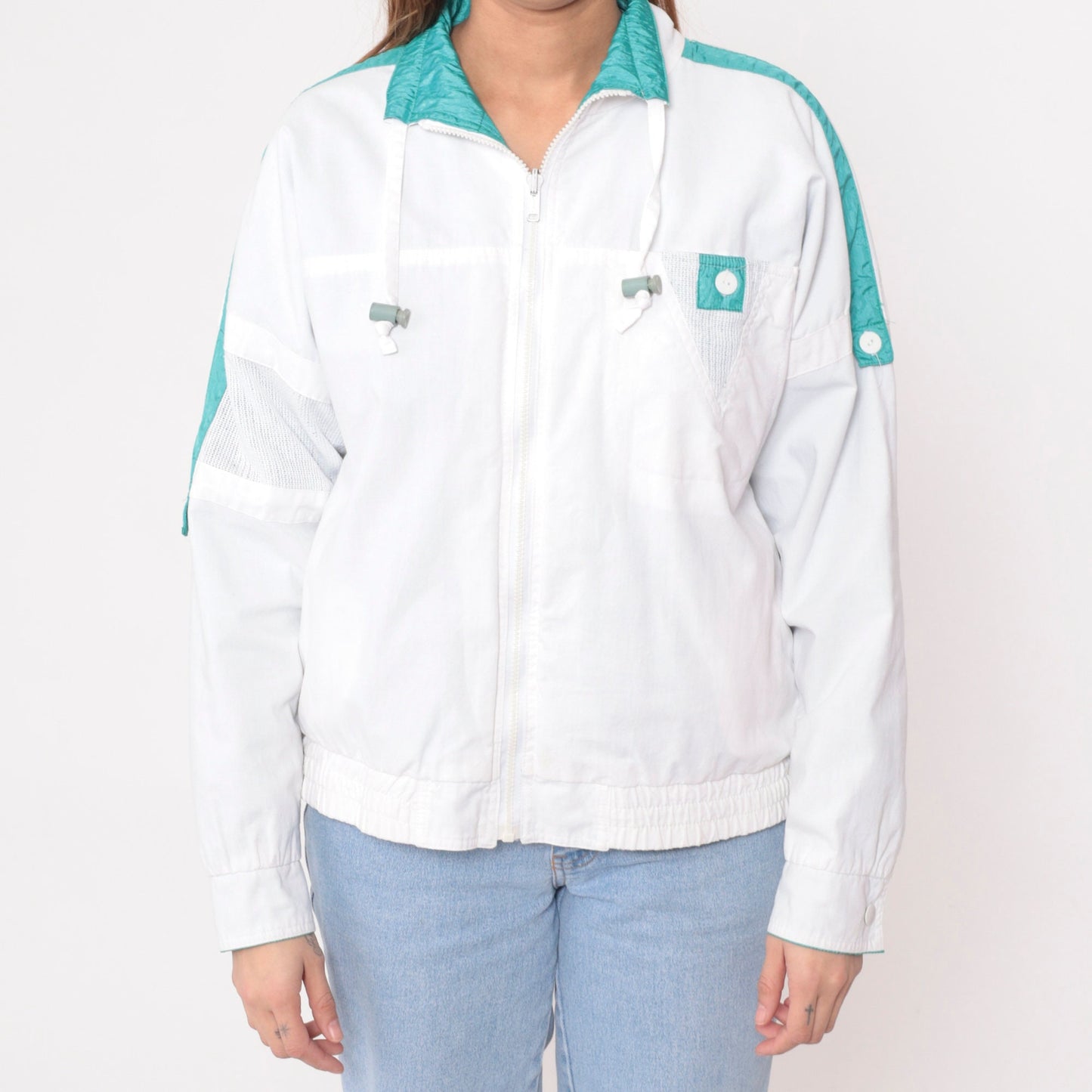 90s Reversible Windbreaker White Turquoise Mesh Trim Jacket Medium