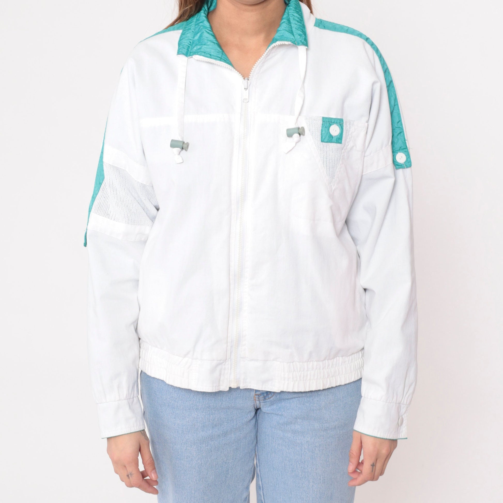 90s Reversible Windbreaker White Turquoise Mesh Trim Jacket Medium