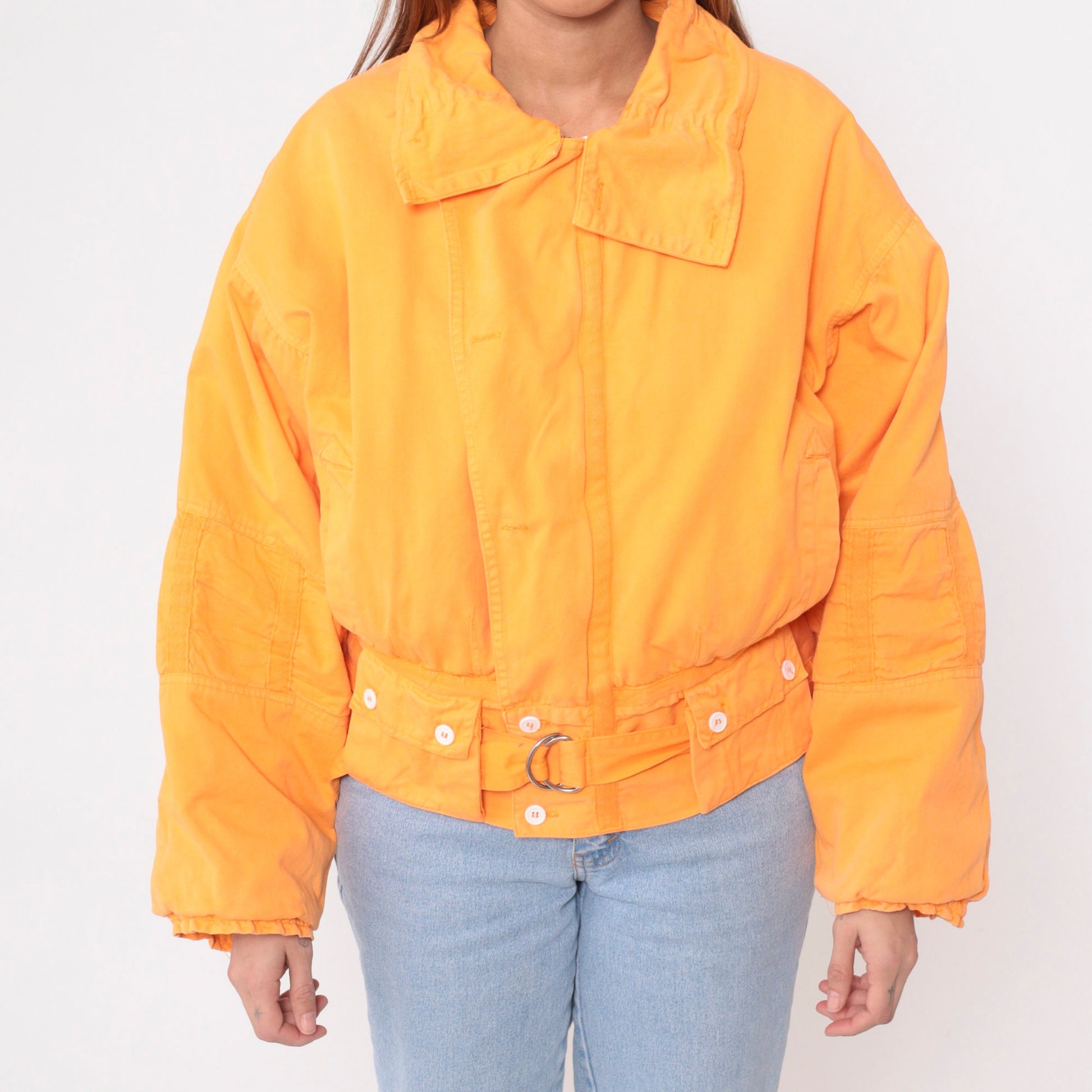 90s Orange Cotton Puffer Jacket Zip Cargo Pockets Small S