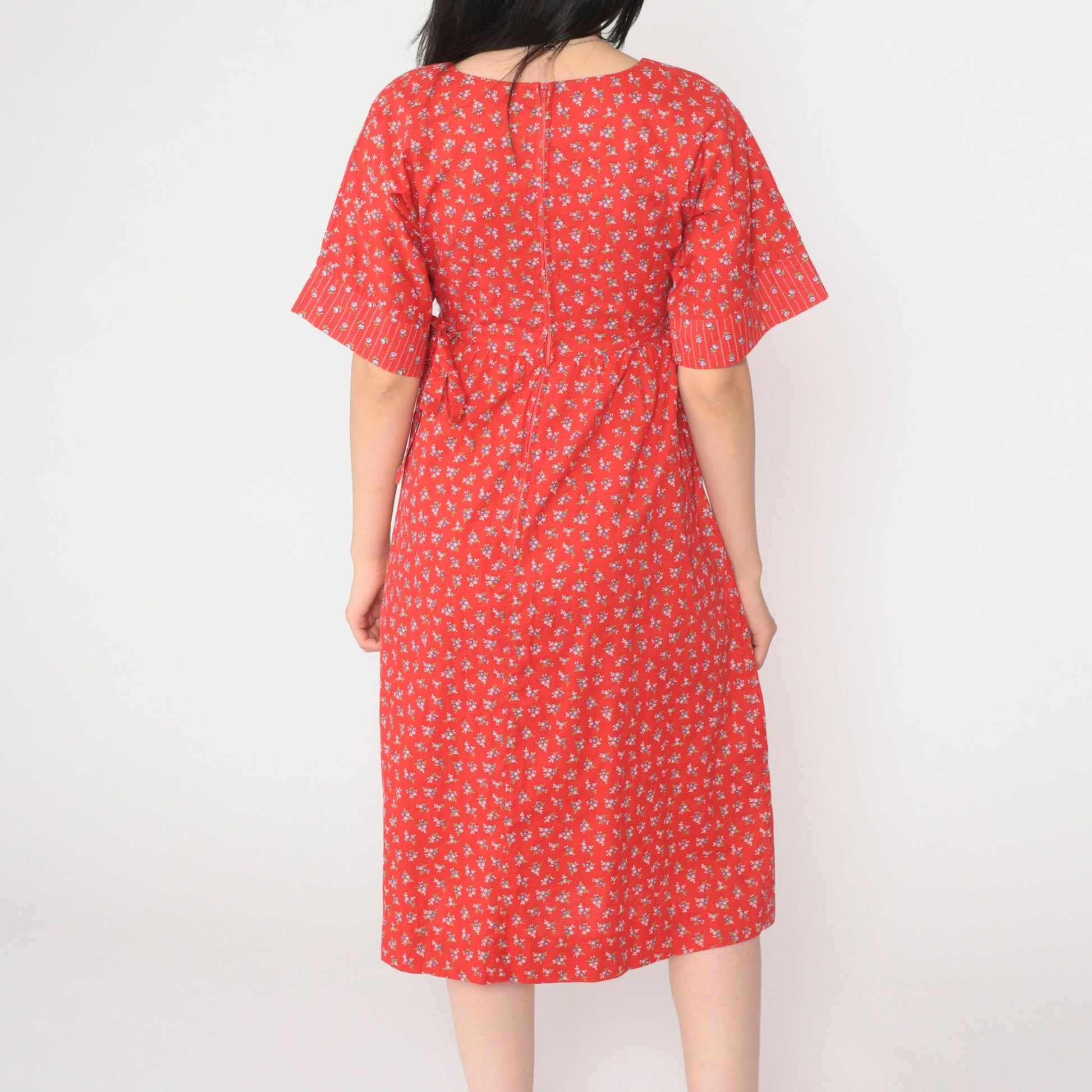 70s Lanz Original Red Floral Calico Midi Dress Empire Waist Tie Short Sleeve Extra Small