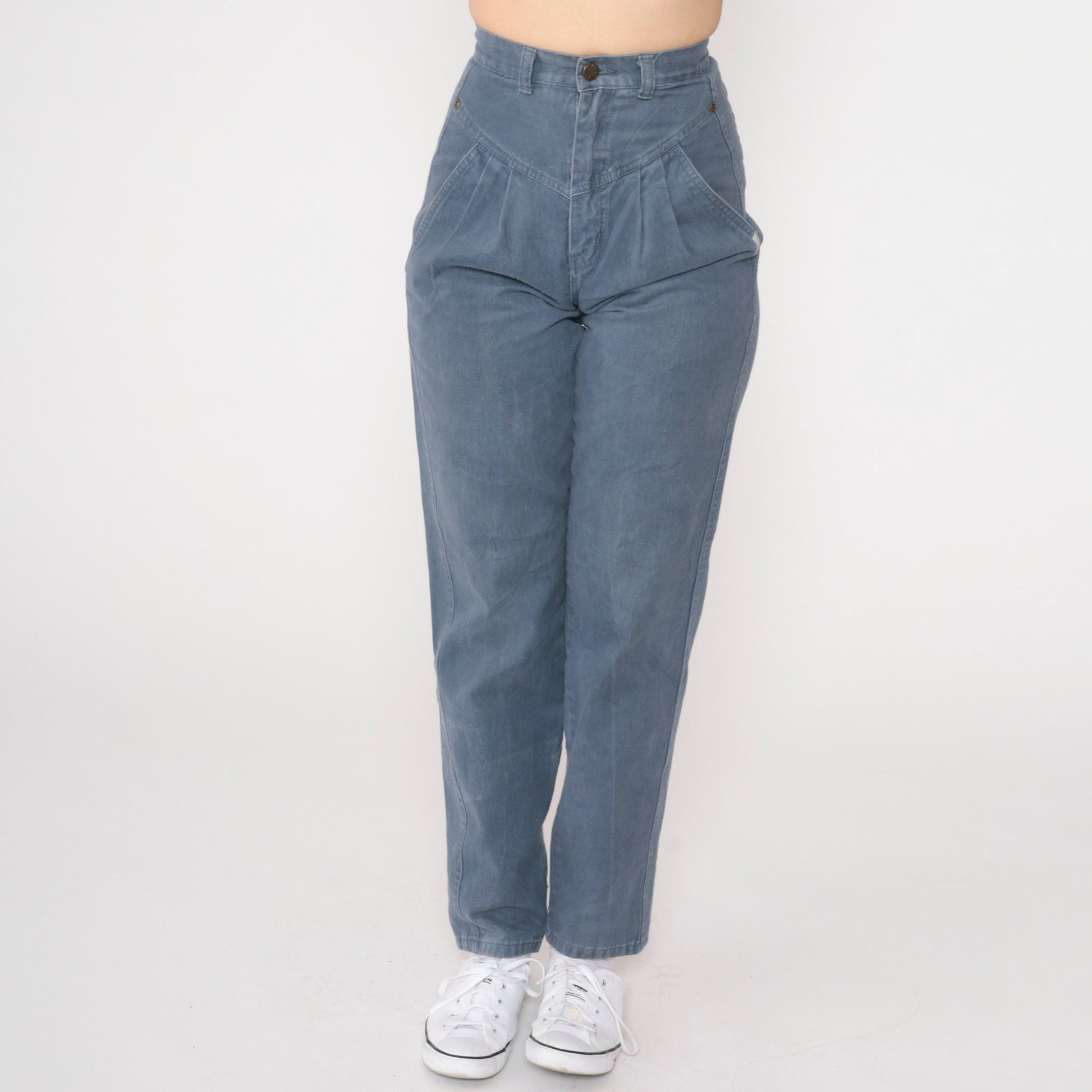 90s Grey Blue Pleated High Waist Straight Tapered Trousers Extra Small