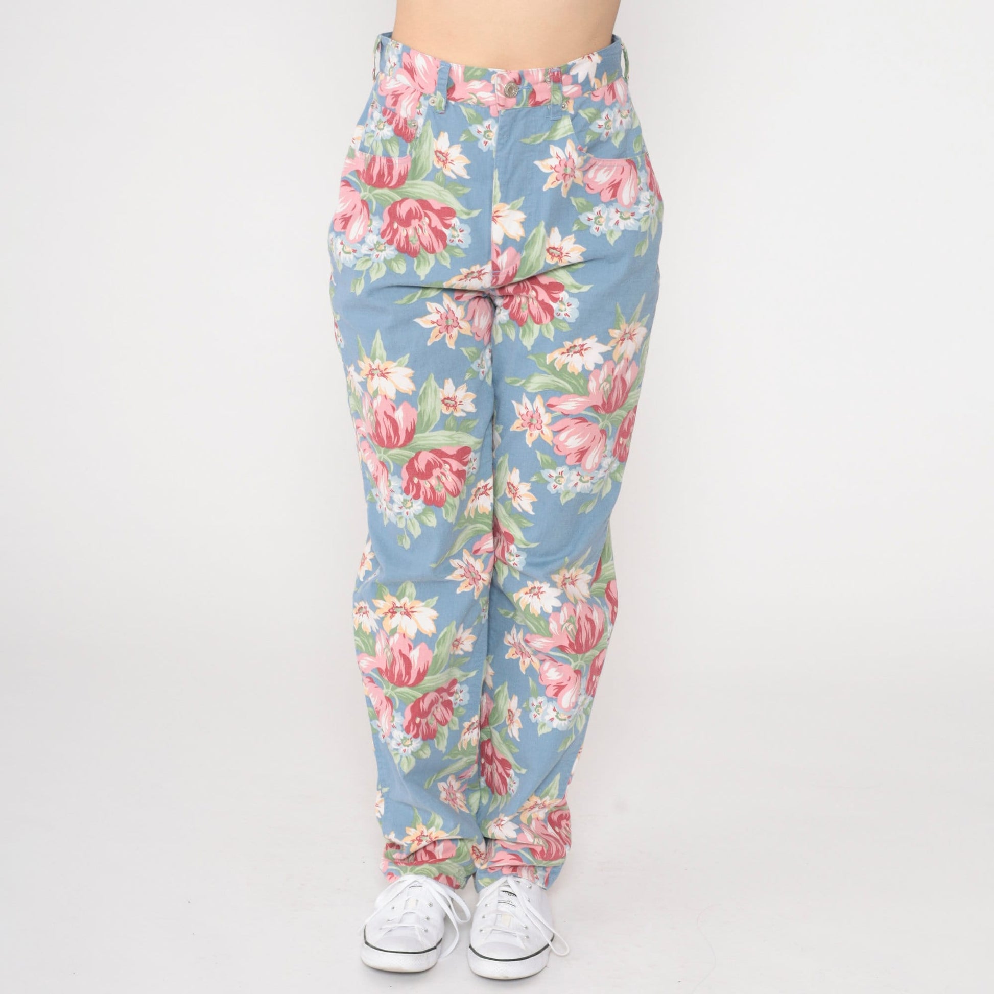 90s Blue Floral High-Waisted Straight Tapered Trousers Extra Small