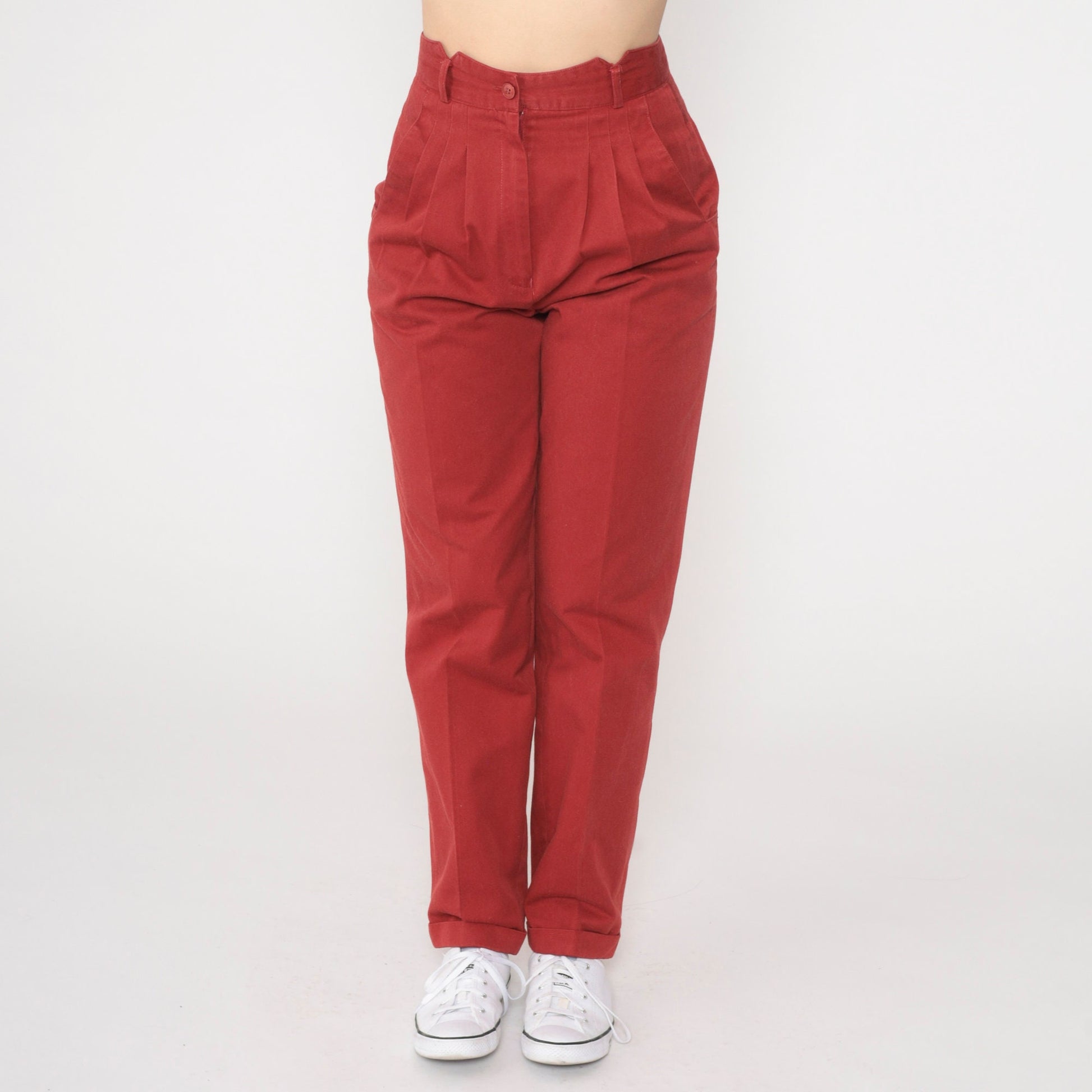 80s Red Pleated High-Waisted Tapered Trousers Extra Small XS
