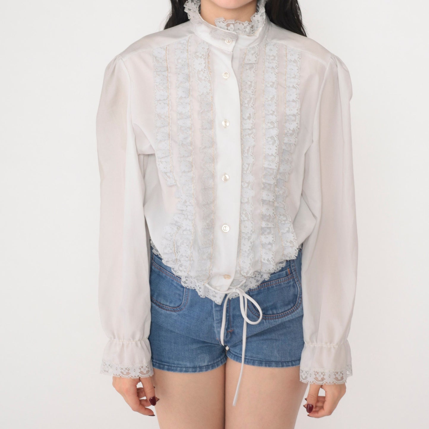 70s Off-White Lace Trim Puff Sleeve Button-Up Blouse High Neck Medium M