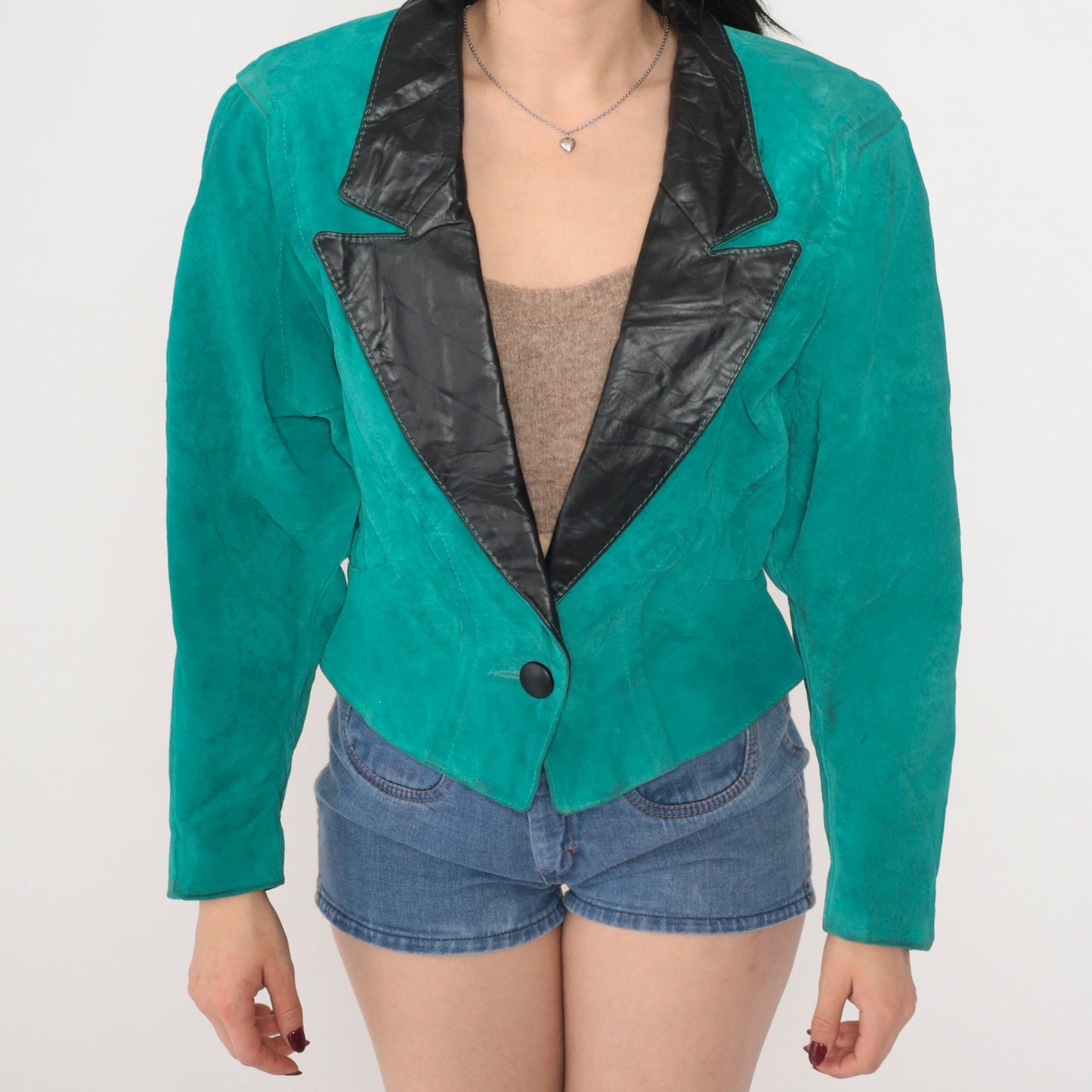 90s Teal Suede Blazer Black Leather Collar Single Button Medium M