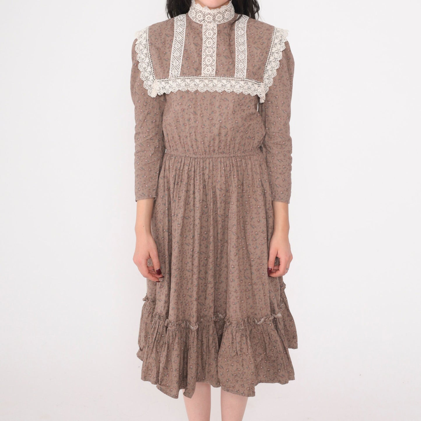 70s Jessica McClintock Floral Prairie Midi Dress Cocoa Brown Lace Bib Extra Small