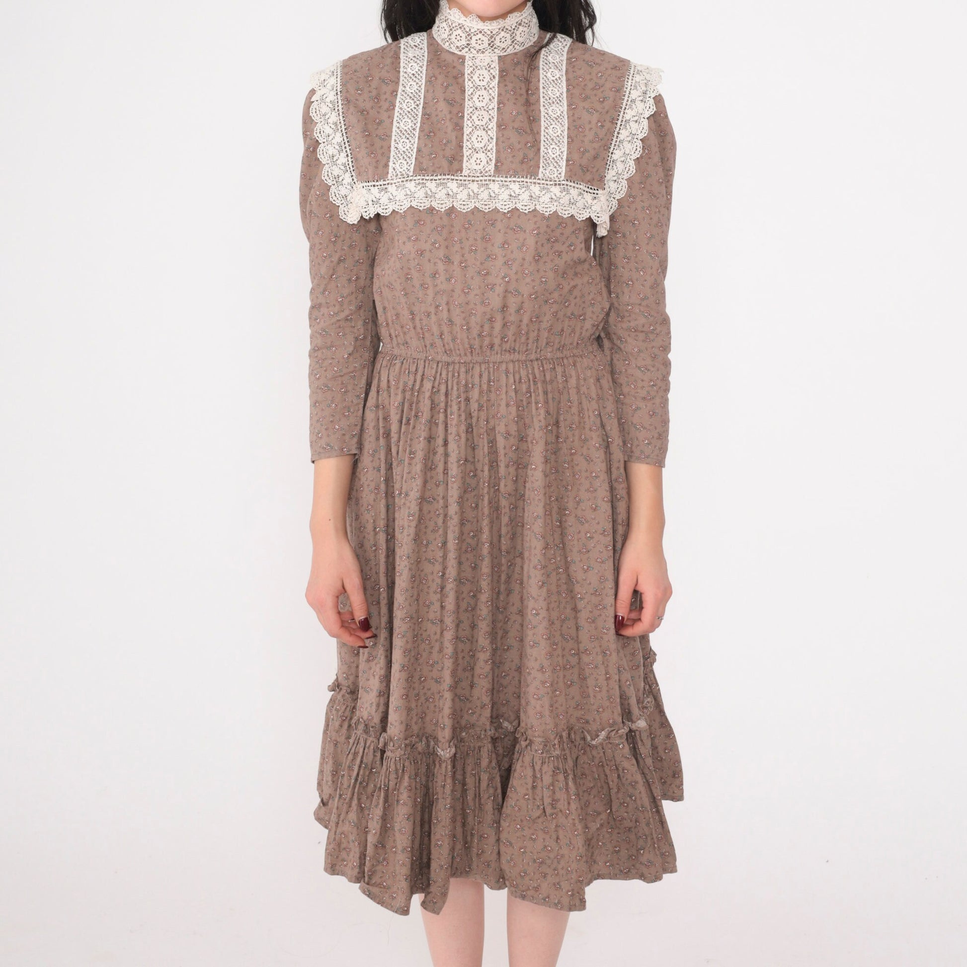 70s Jessica McClintock Floral Prairie Midi Dress Cocoa Brown Lace Bib Extra Small