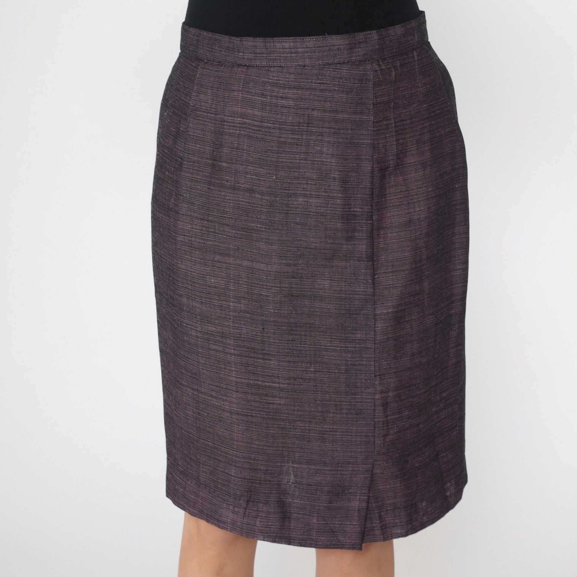 80s Heathered Black Pink Pencil Skirt High Waist Midi Kick Pleat Medium