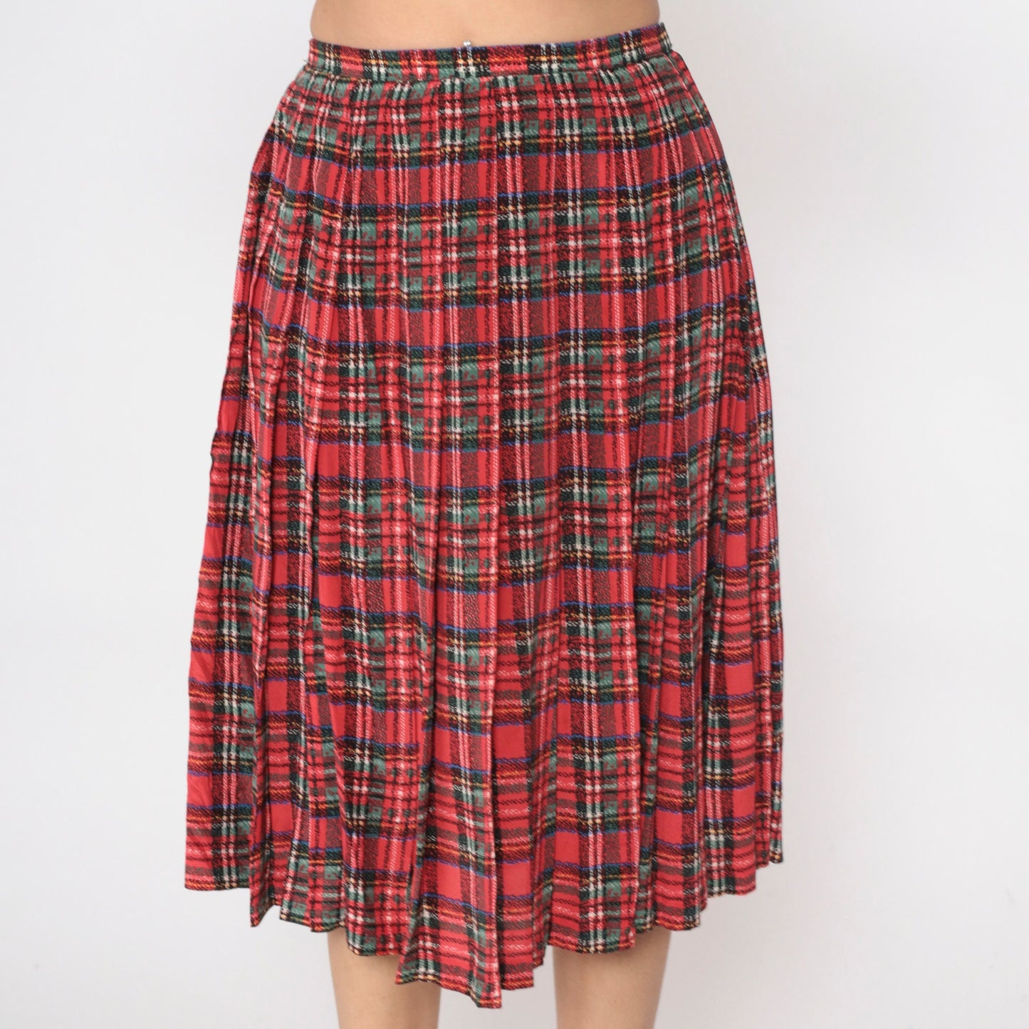 80s Red Plaid Silk Midi Skirt Pleated High Waist Small