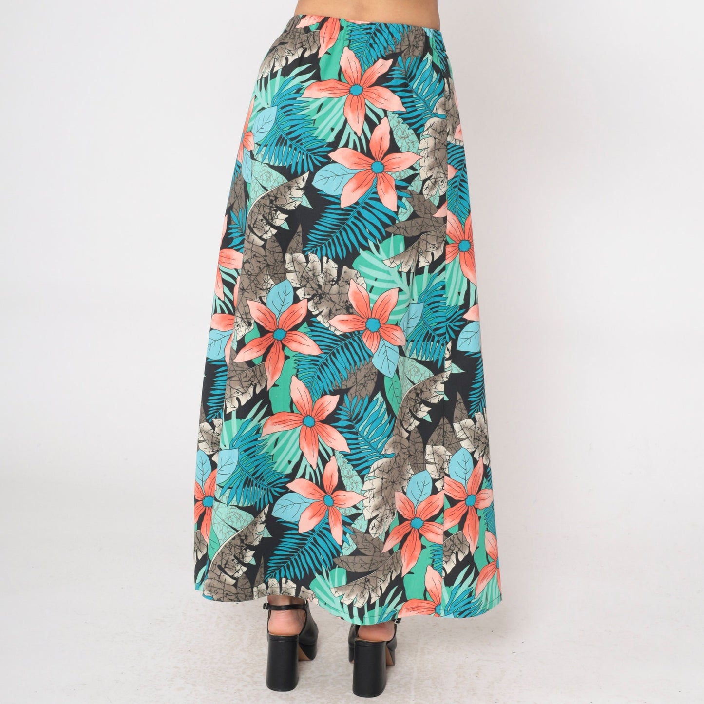 80s Tropical Floral Maxi Skirt High Waist Fern Print Blue Green Orange Small