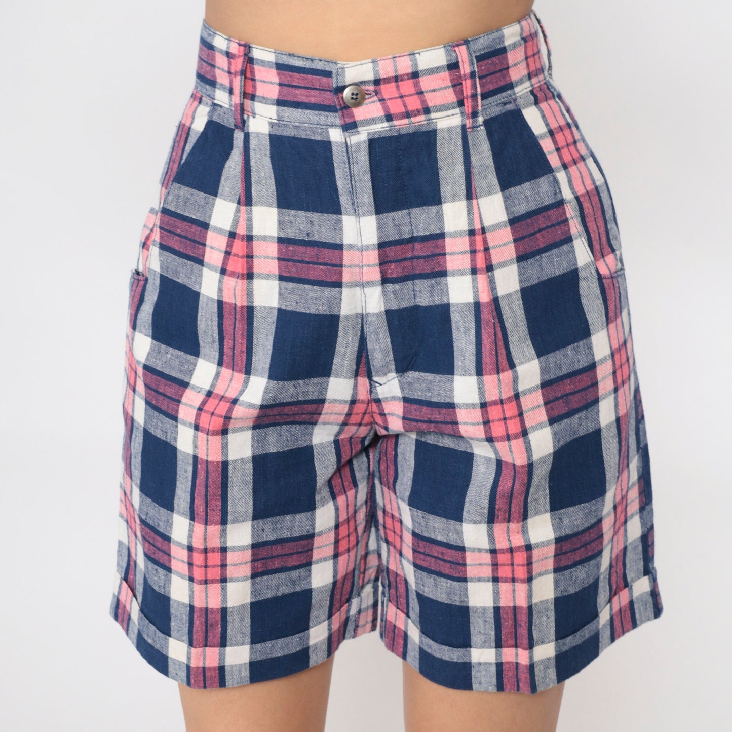 90s Dark Blue Pink Plaid High-Waisted Shorts Pleated Cotton Small