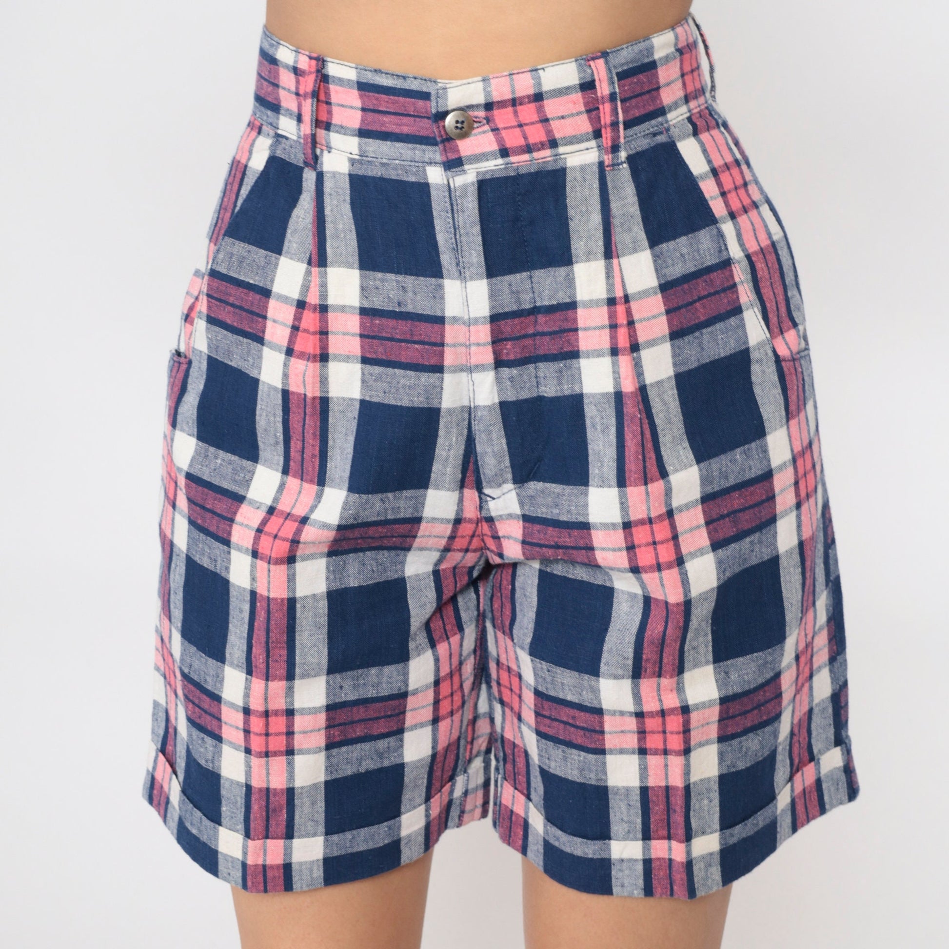 90s Dark Blue Pink Plaid High-Waisted Shorts Pleated Cotton Small
