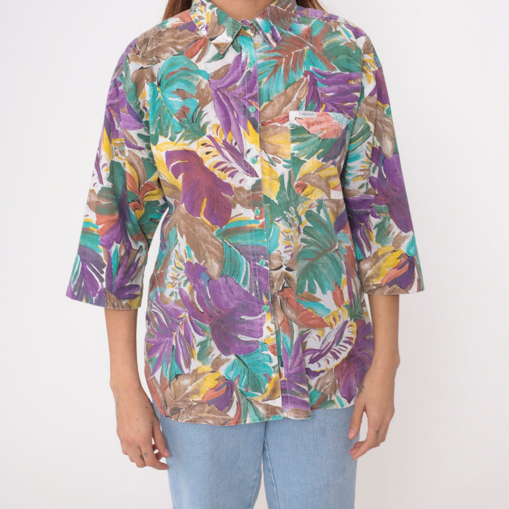 90s Tropical Leaf Print Button-Up Blouse Turquoise Purple 3/4 Sleeve Large
