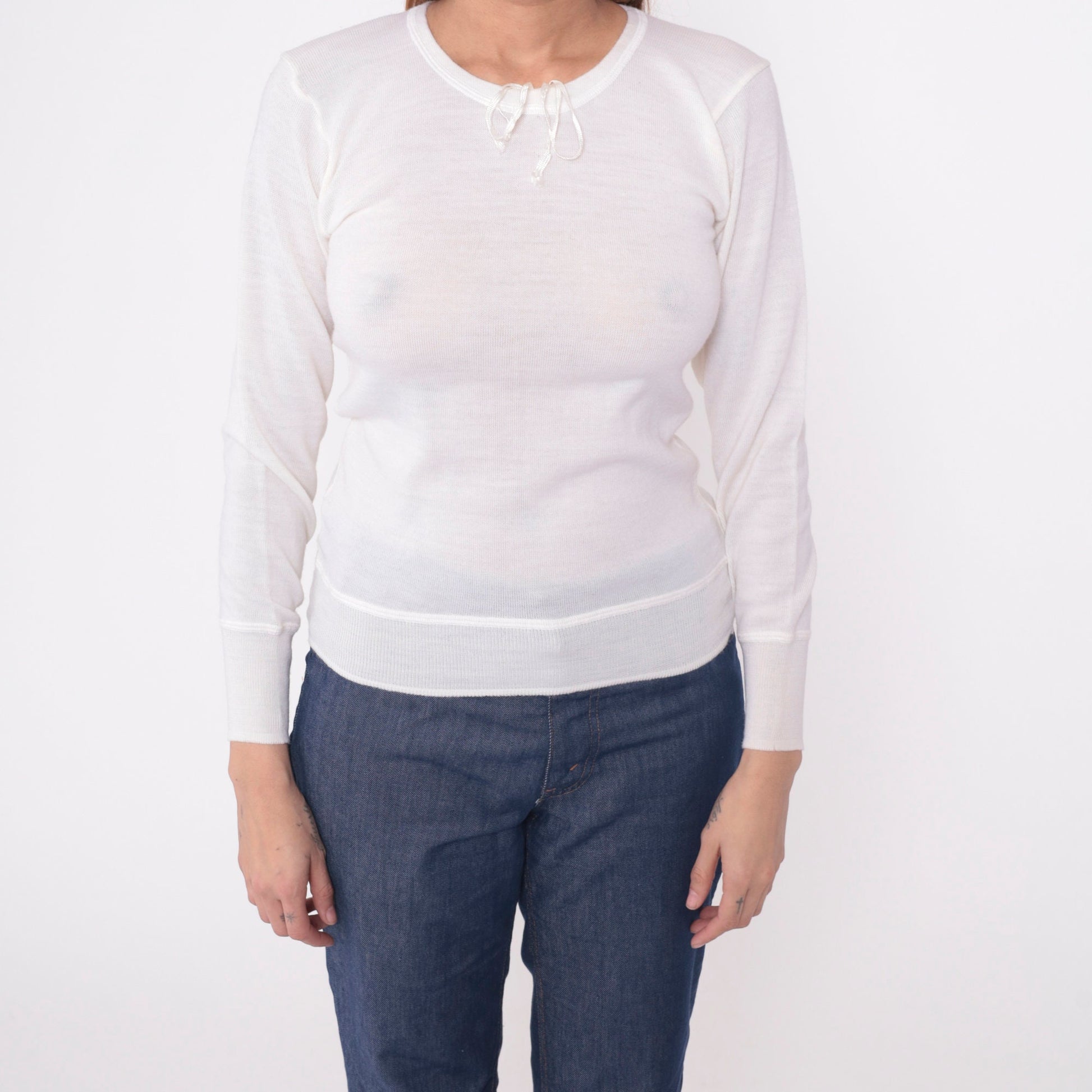 80s White Wool Thermal Long Sleeve Pullover Shirt Snowflake Small