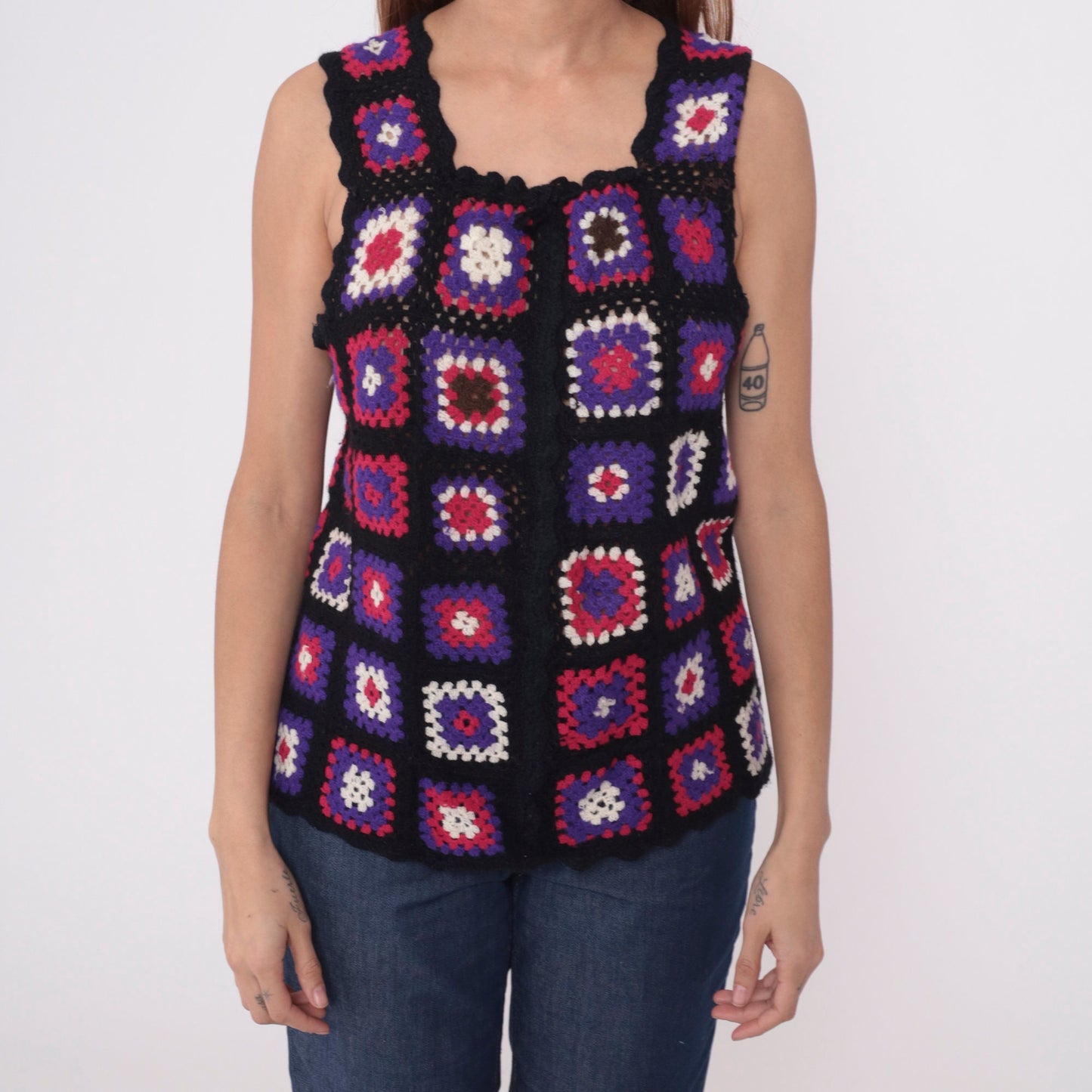 70s Crochet Granny Square Tank Top Patchwork Vest Black Pink Purple Small